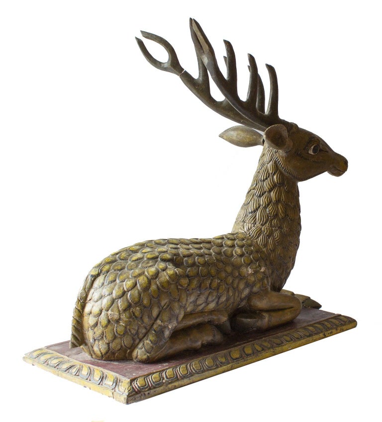 Arts and Crafts Big Hand Carved Painted Stag Sculpture in Wood, Early 18th Century For Sale