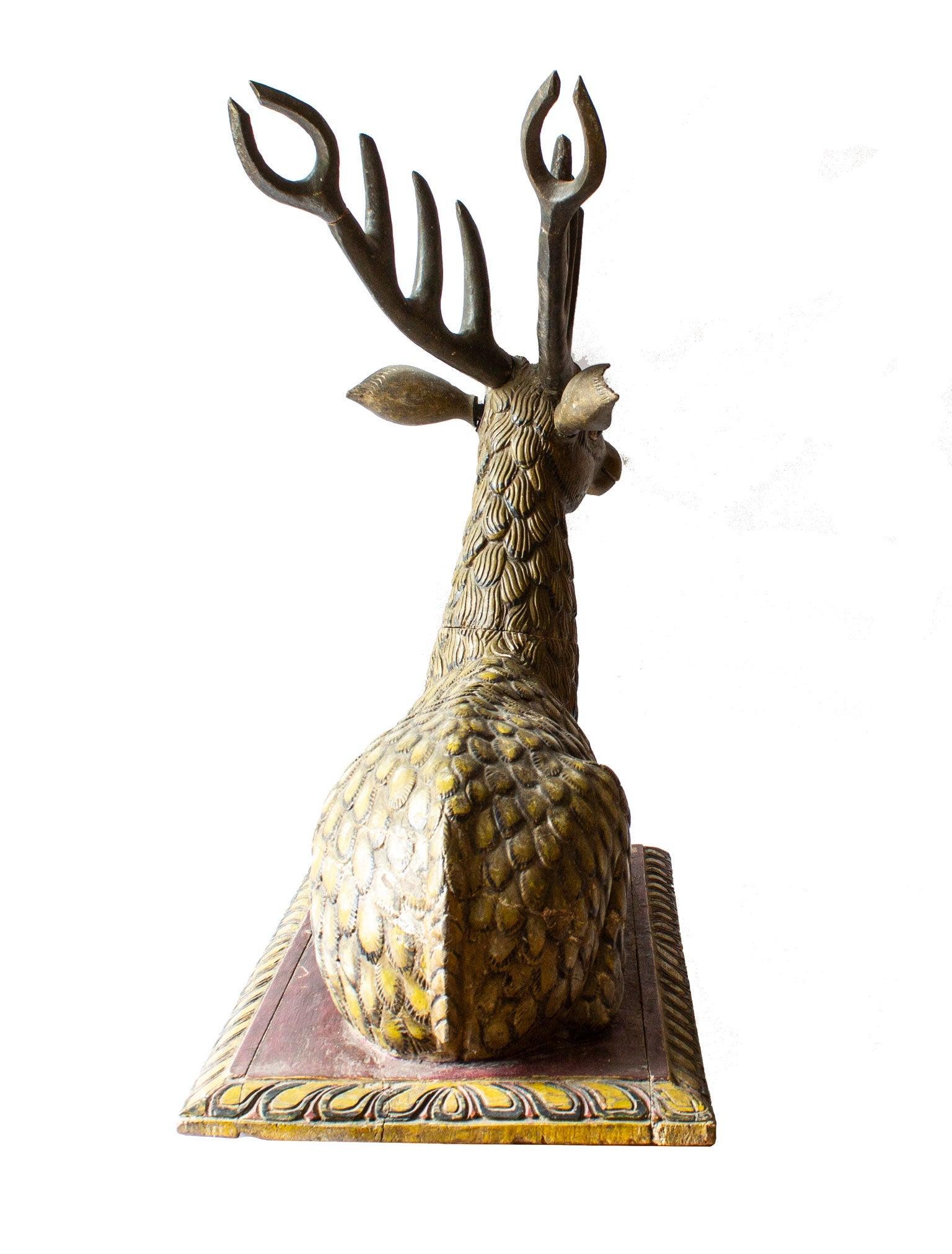 Arts and Crafts Big Hand Carved Painted Stag Sculpture in Wood, Early 18th Century For Sale