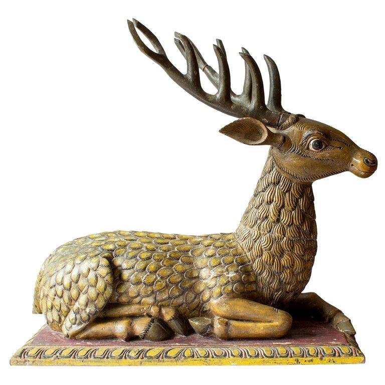 Big Hand Carved Painted Stag Sculpture in Wood, Early 18th Century