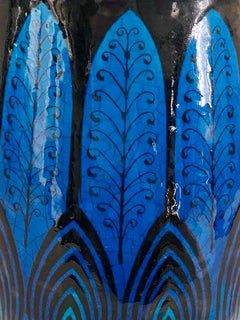 Big Hand-Painted Persian/Egyptian Blue French Pottery Vase Attributed to Longwy