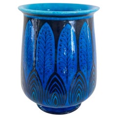 Big Hand-Painted Persian/Egyptian Blue French Pottery Vase Attributed to Longwy