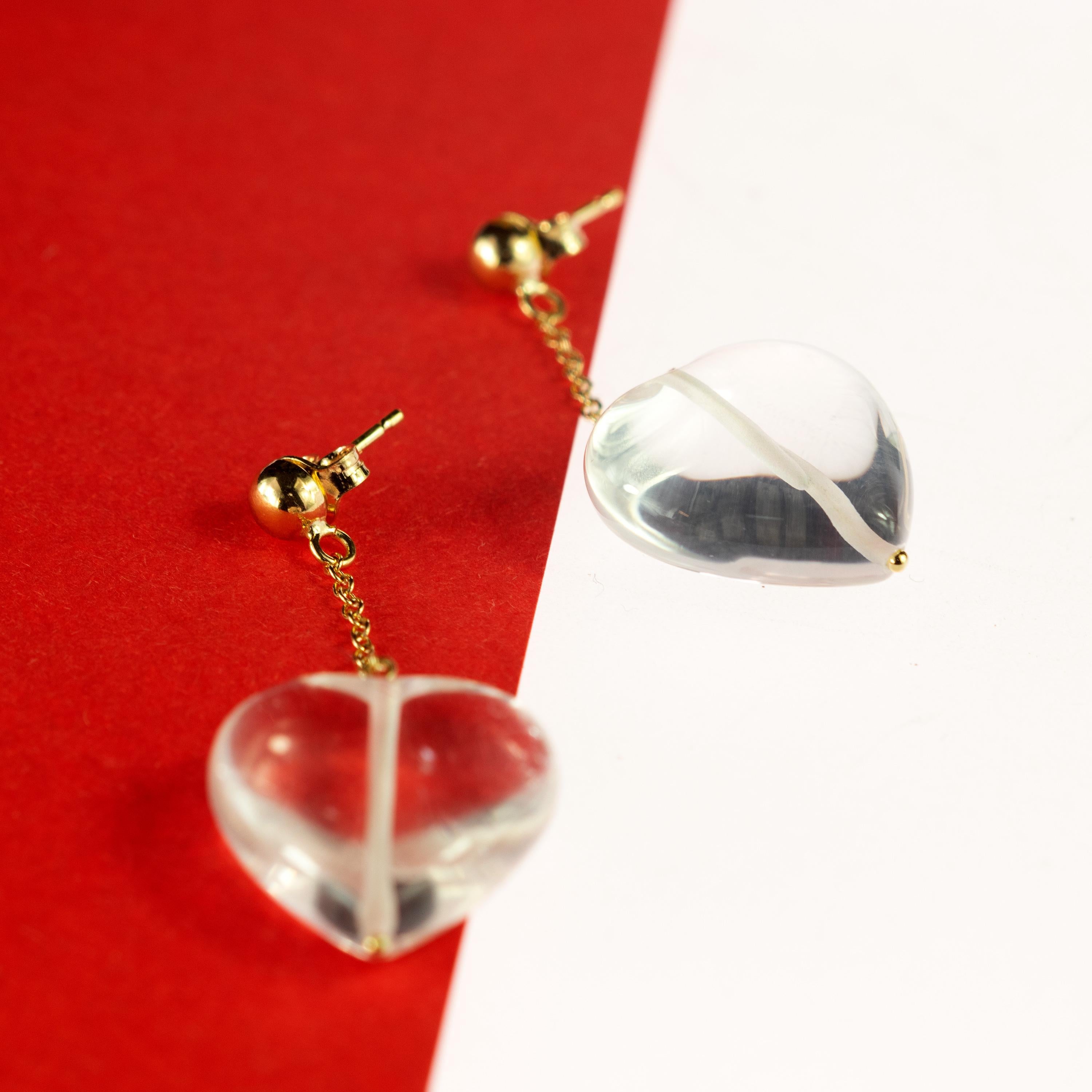 Romantique Boucles d'oreilles chics en or jaune 18 carats avec pendentifs en cristal de roche en forme de grand cœur pour la Saint-Valentin en vente