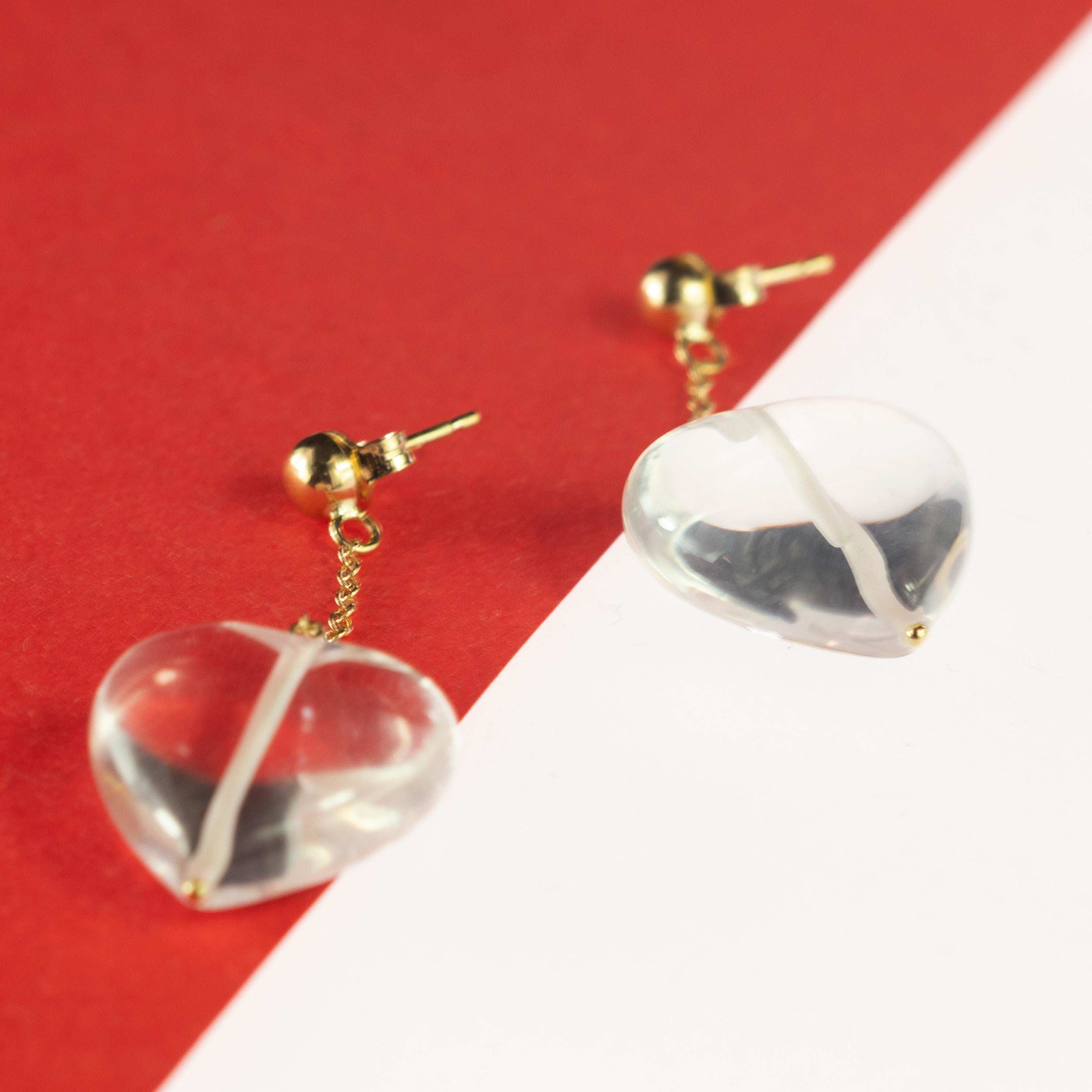 Boucles d'oreilles chics en or jaune 18 carats avec pendentifs en cristal de roche en forme de grand cœur pour la Saint-Valentin Pour femmes en vente