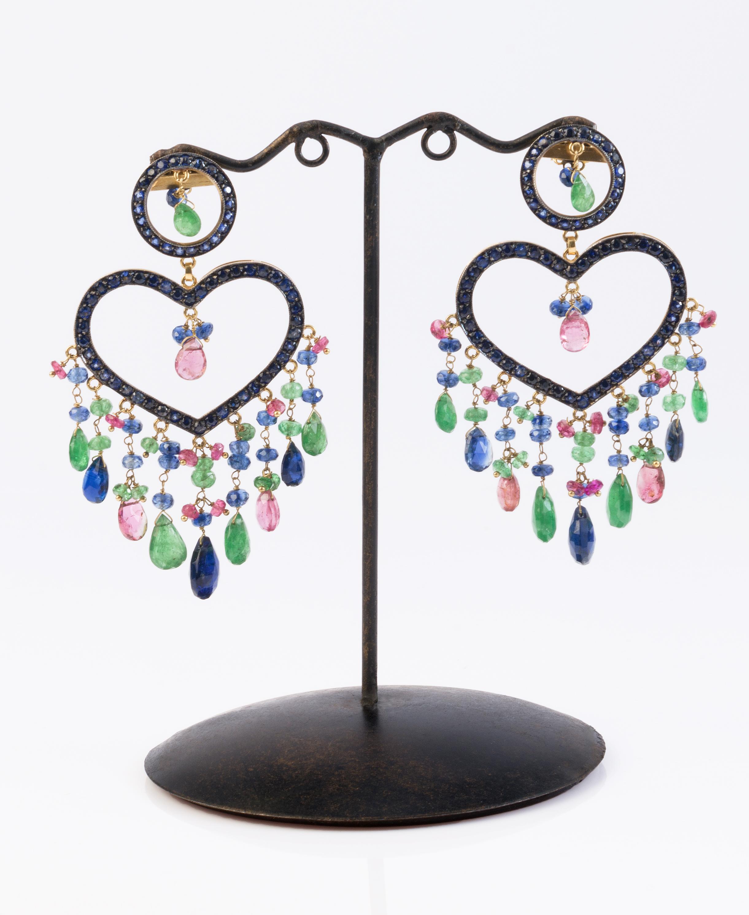 Big Heart earring with  pink sapphires, emeralds,  blue sapphires and black diamonds in silver and gold.
Artisanal unique piece handcrafted in Italy. 