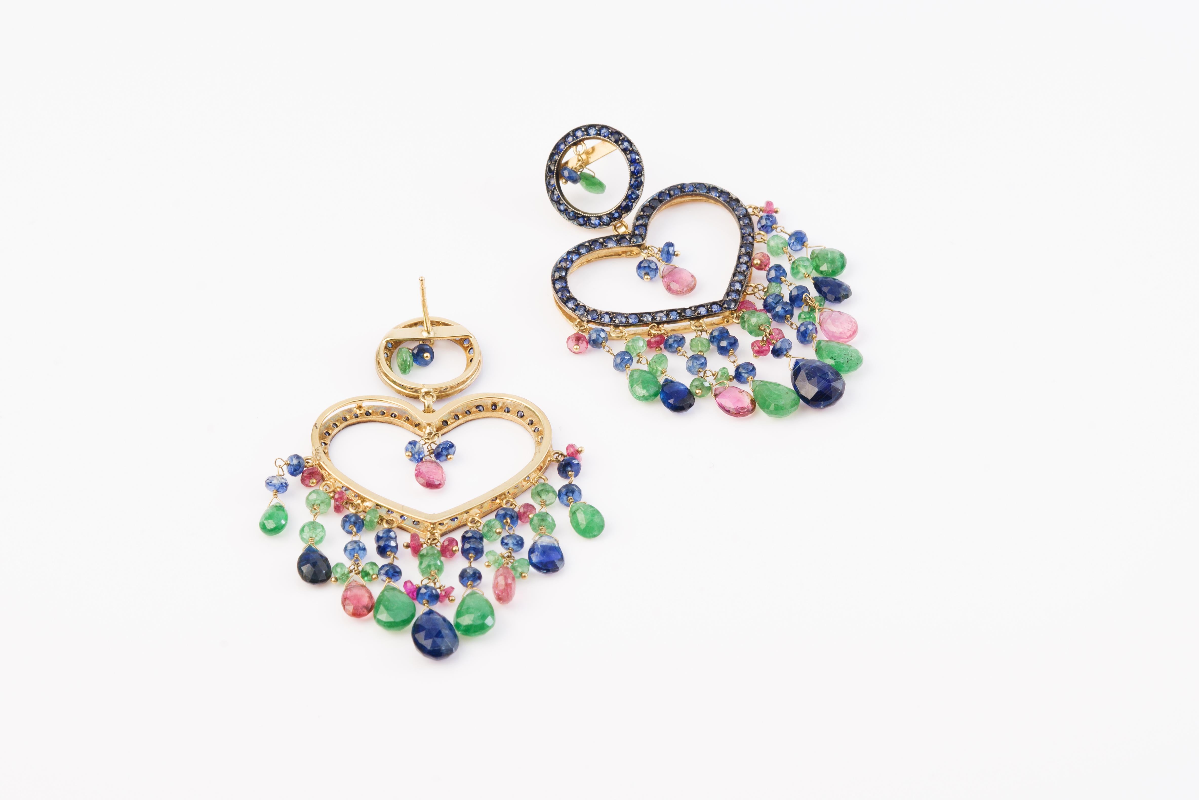 Modern Big Heart Earring with Emeralds, Sapphires and Black Diamond in Silver and Gold For Sale