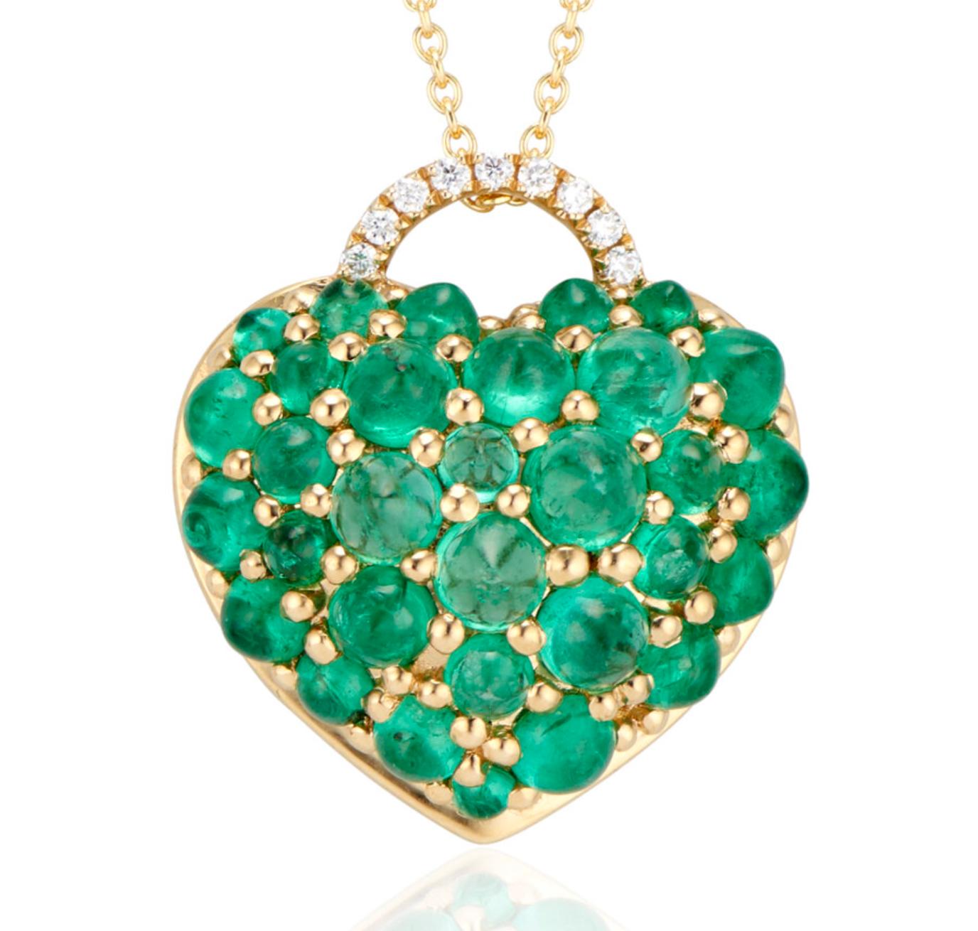 Women's or Men's Big Heart Emerald Cabochon and Diamond Pendant Necklace For Sale