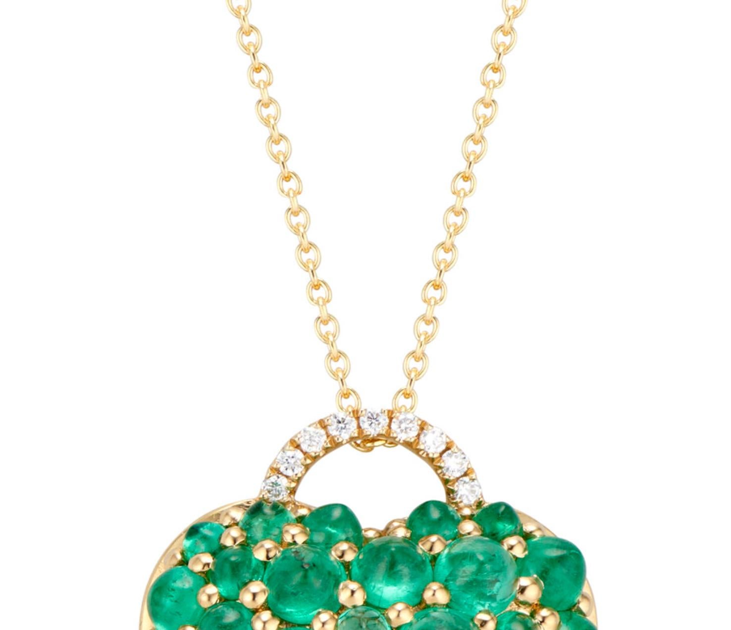 Big Heart Emerald Cabochon and Diamond Pendant Necklace For Sale 1