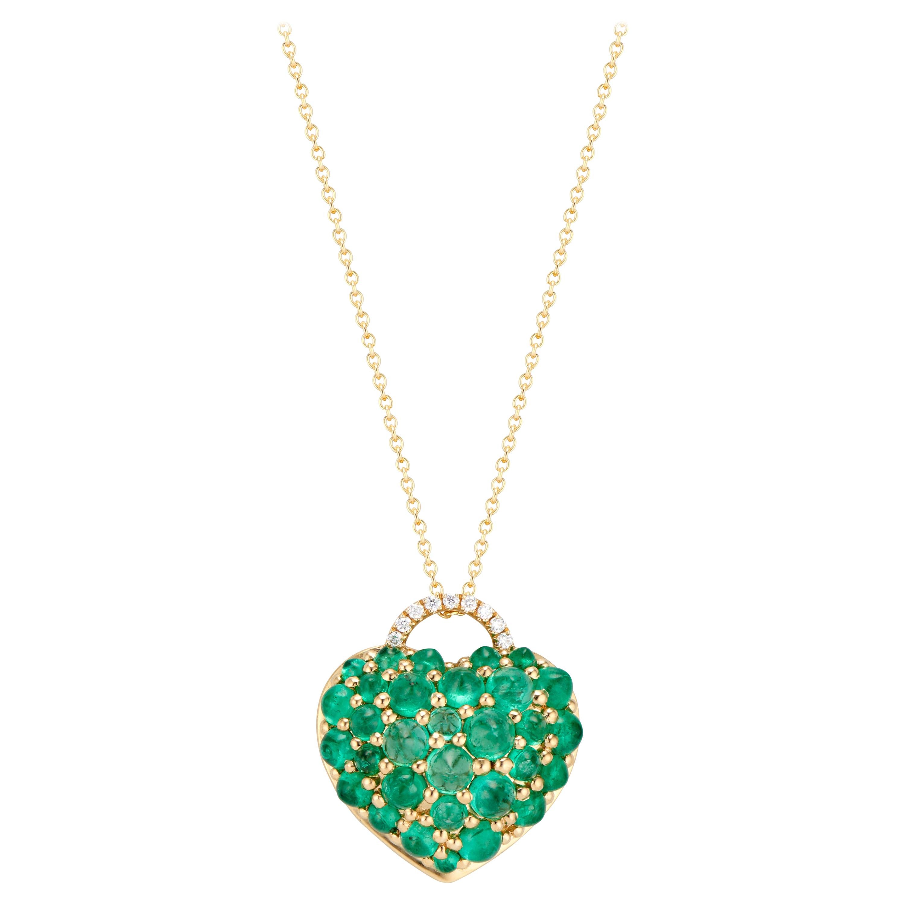 Big Heart Emerald Cabochon and Diamond Pendant Necklace