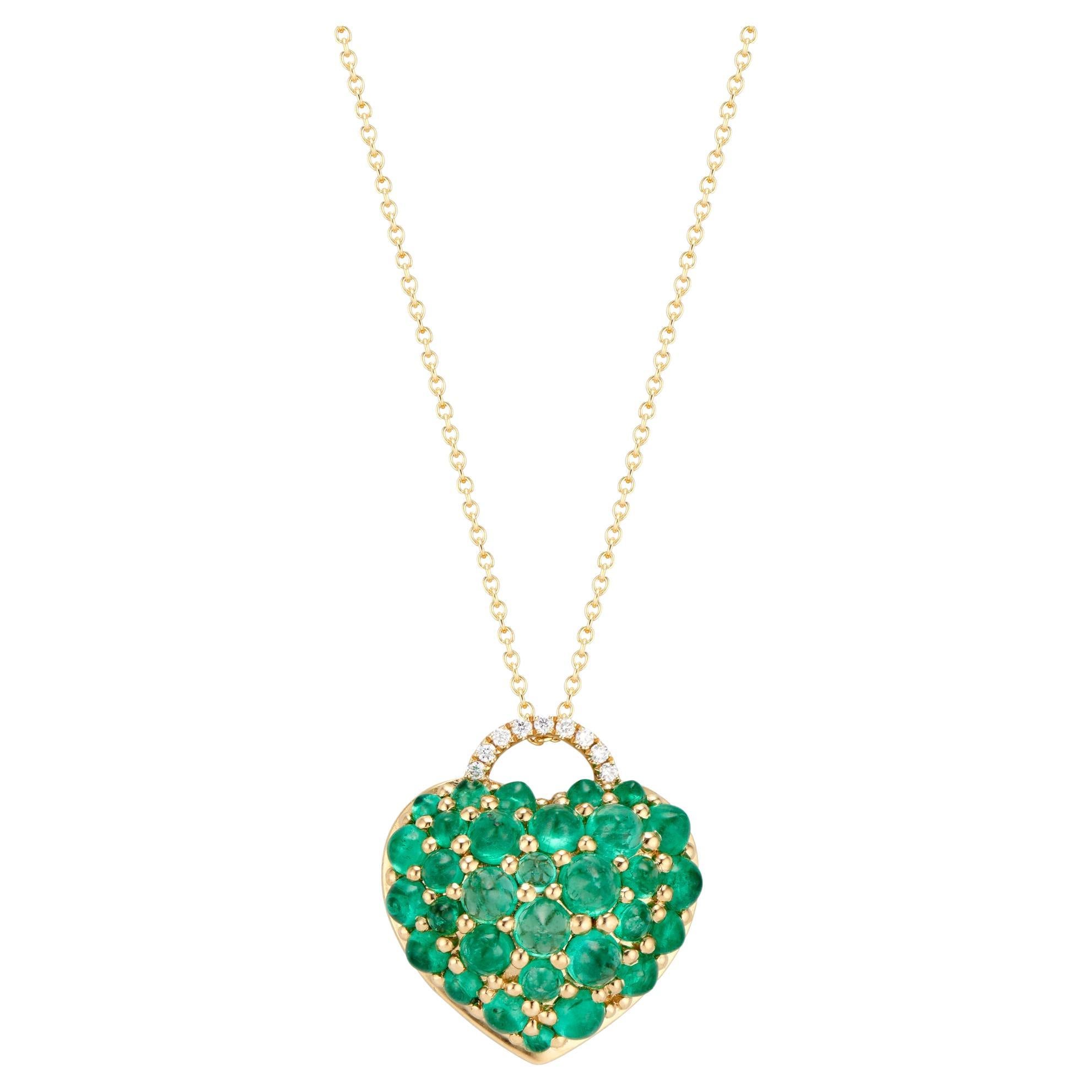 Big Heart Emerald Cabochon and Diamond Pendant Necklace