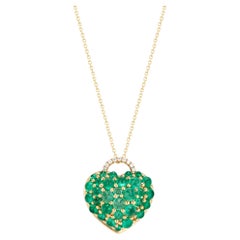 Big Heart Emerald Cabochon and Diamond Pendant Necklace