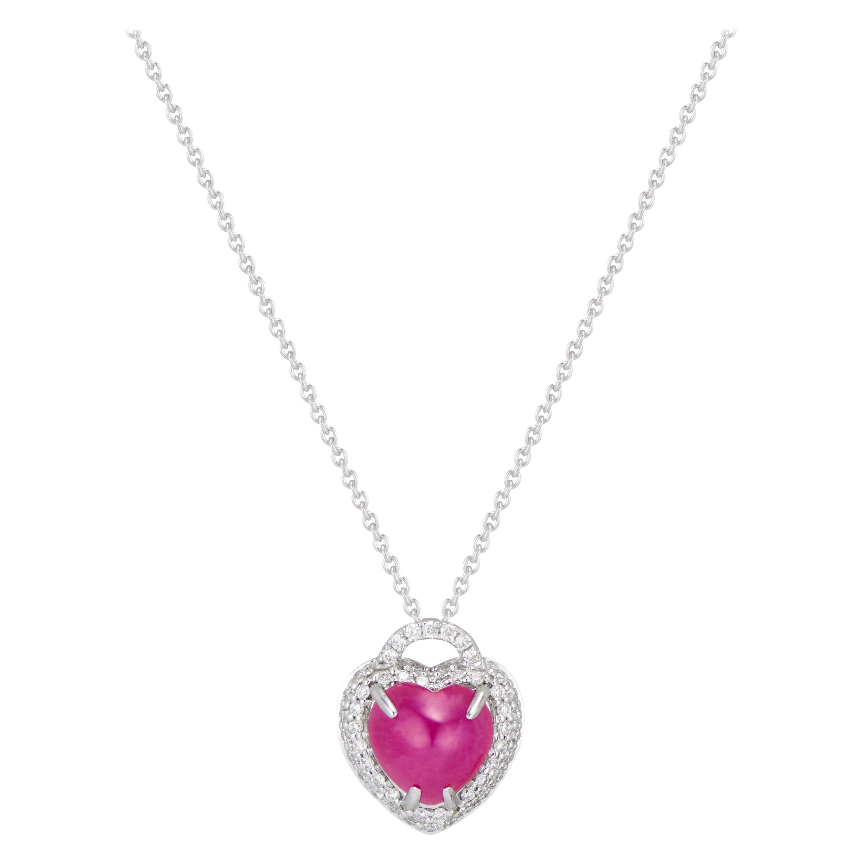 Big Heart Ruby Cabochon and Diamond Locket Style Pendant Necklace