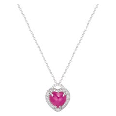 Big Heart Ruby Cabochon and Diamond Locket Style Pendant Necklace