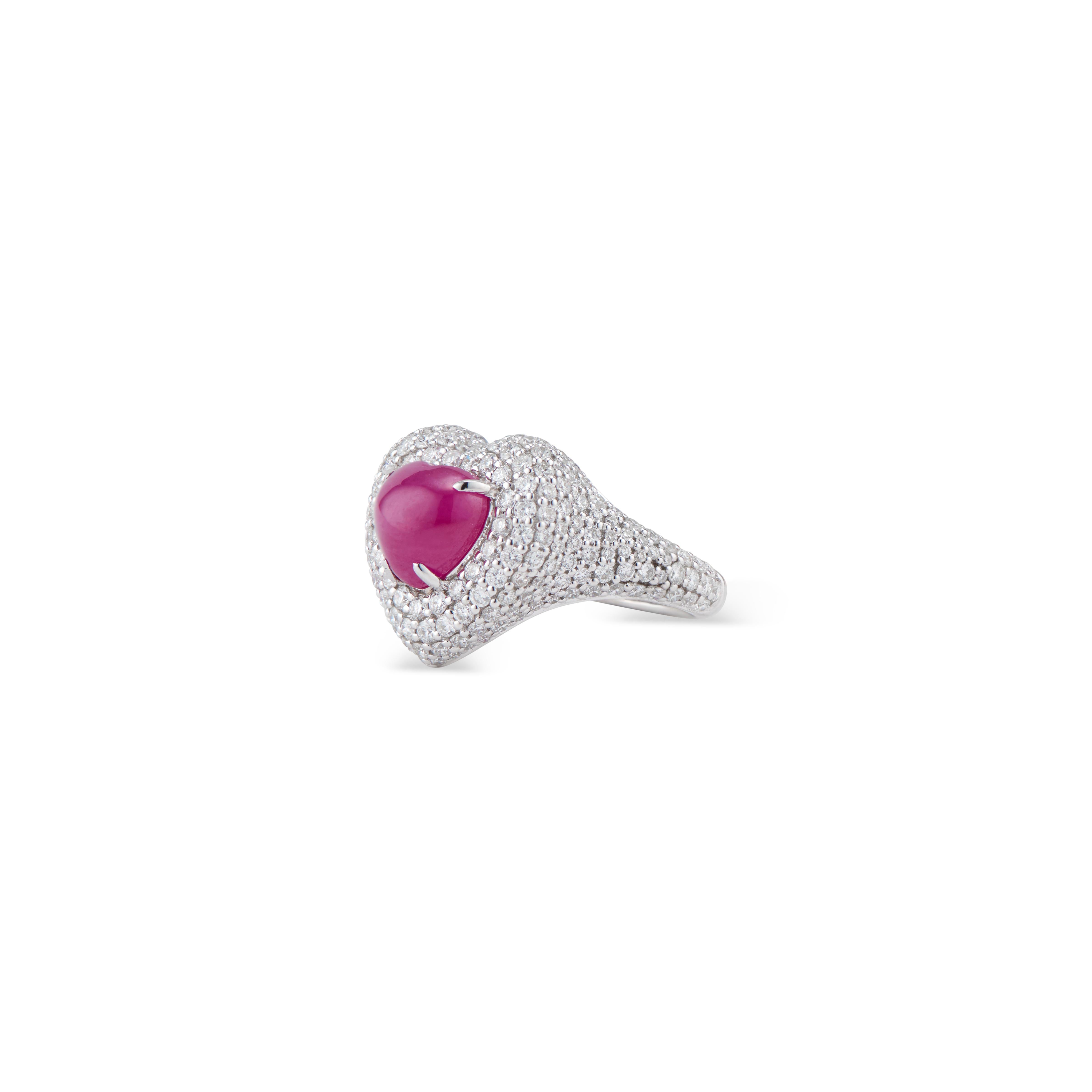 Big Heart Ruby Cabochon and diamond pinky ring includes a Burma No Heat Ruby Cabochon of 1.58 ct and 0.92 ctw pave set diamonds, in 18k white gold