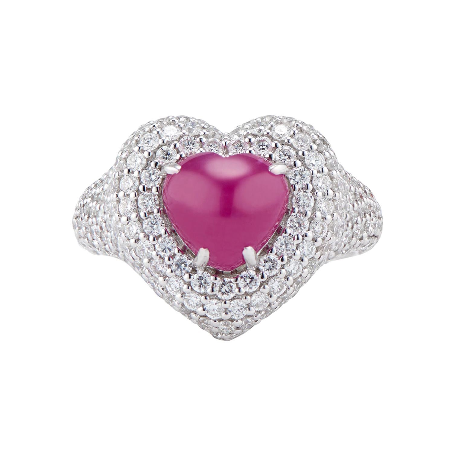 Big Heart Ruby Cabochon and Diamond Pinky Ring