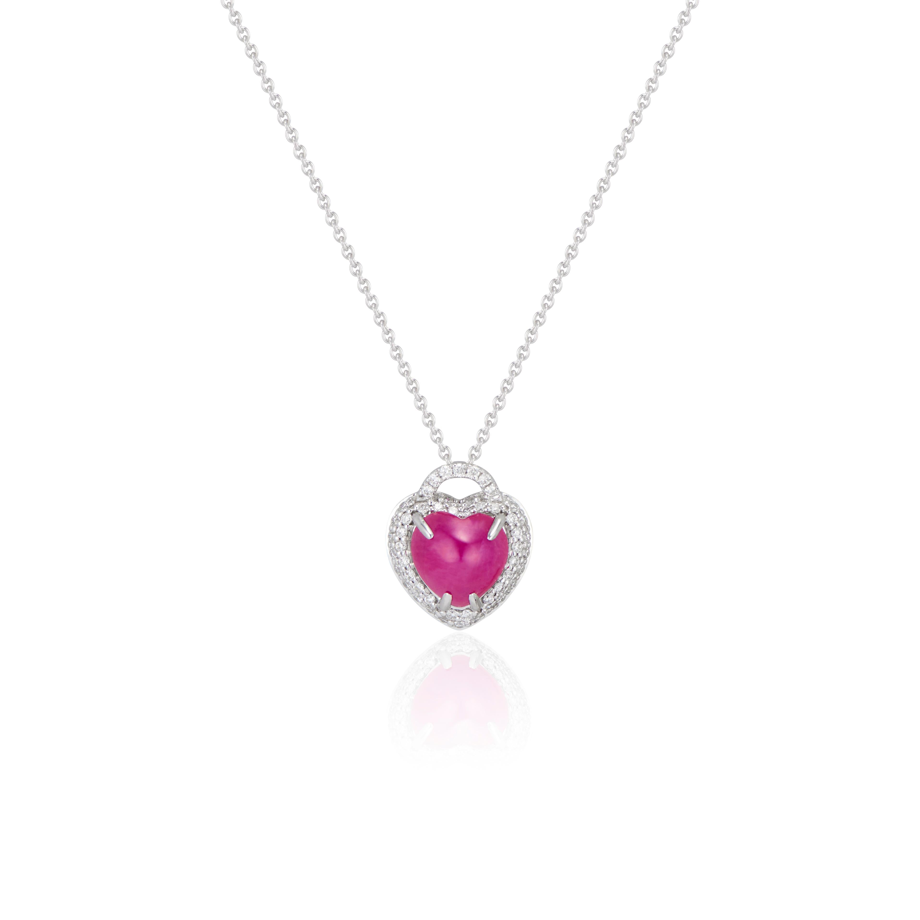 Big Heart Sapphire Cabochon and diamond locket style pendant necklace includes a Sapphire Cabochon of 2.35 ctw and pave set diamonds of 0.28 ctw, set in 18k white gold.