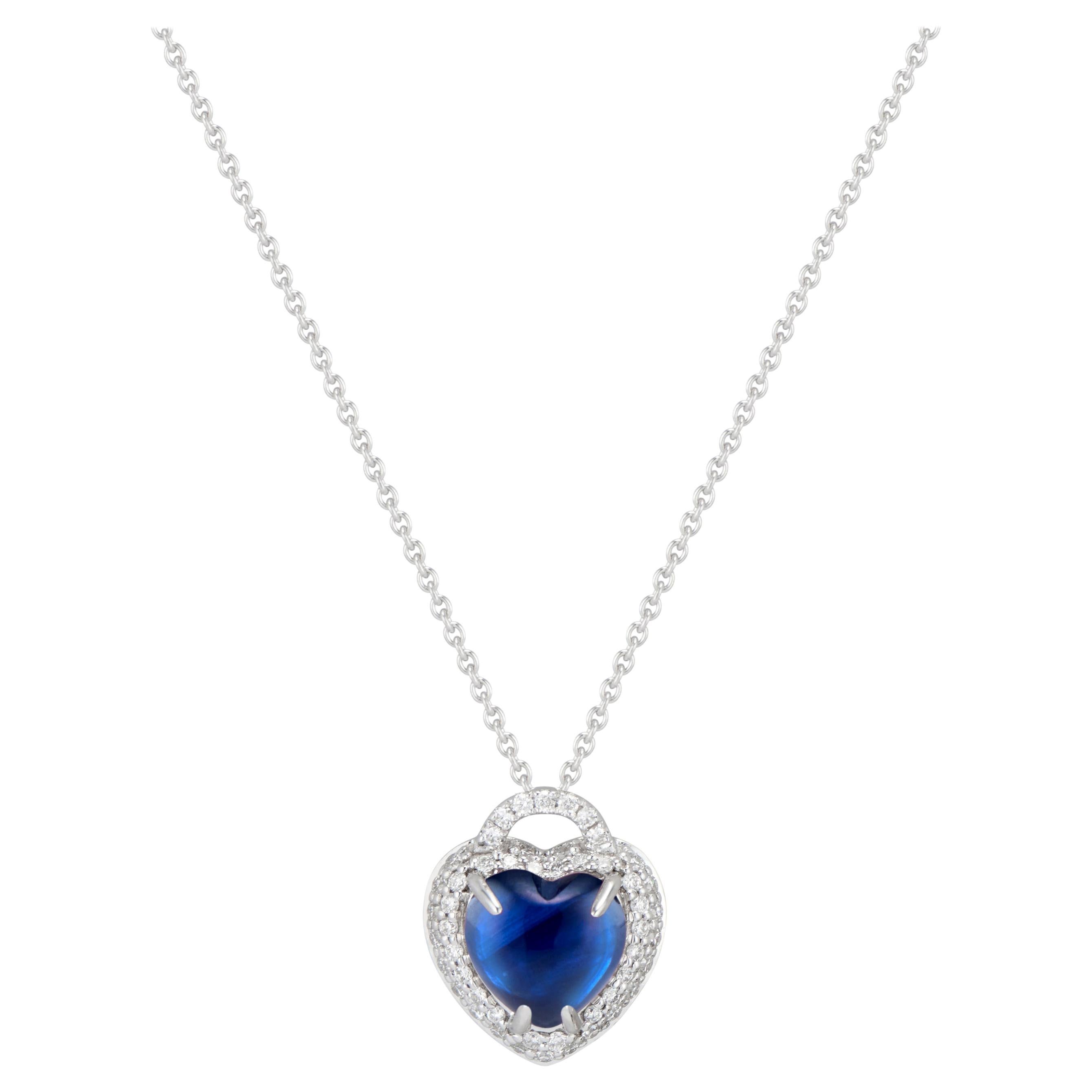 Big Heart Sapphire Cabochon and Diamond Locket Style Pendant Necklace