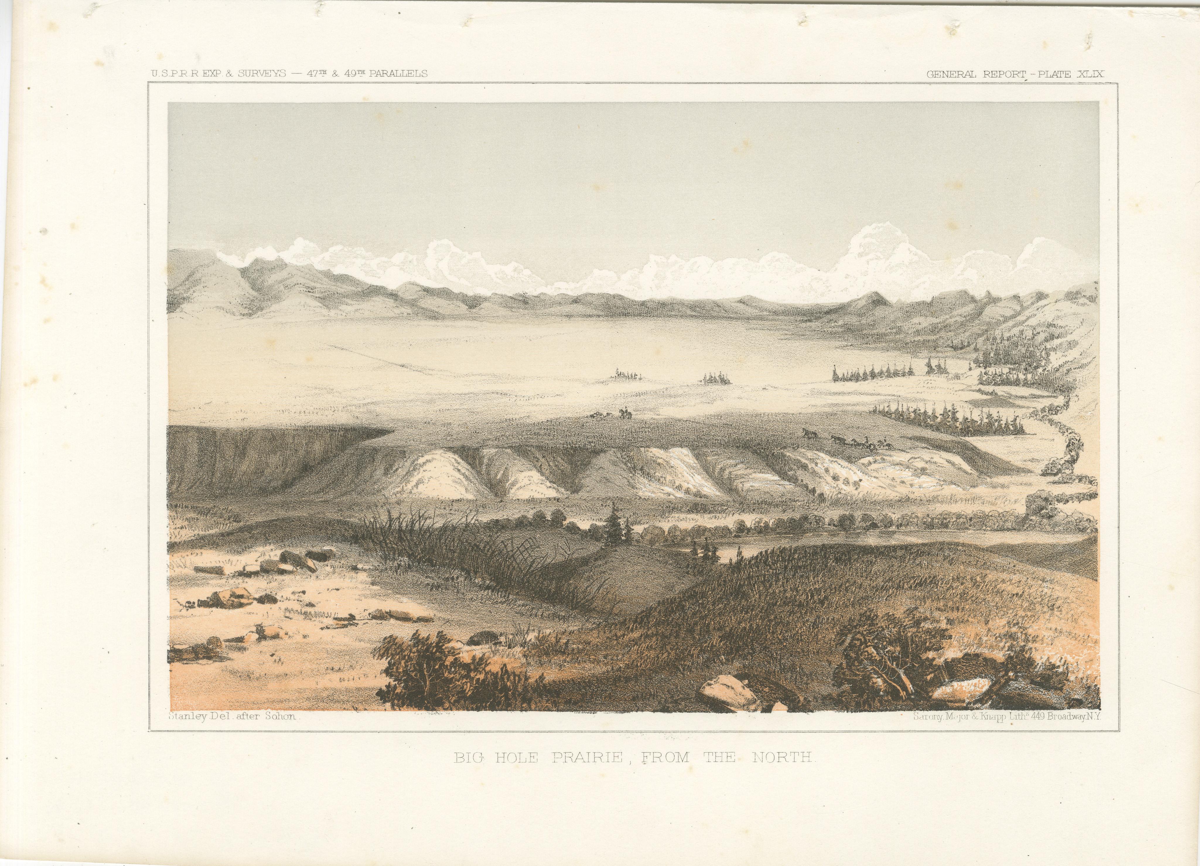 Vista de la pradera de Big Hole - Impresión de paisaje escénico de Montana  

Esta detallada litografía representa la serena y extensa Pradera de Big Hole, vista desde el norte. Situada en la actual Montana, esta pradera está rodeada por las