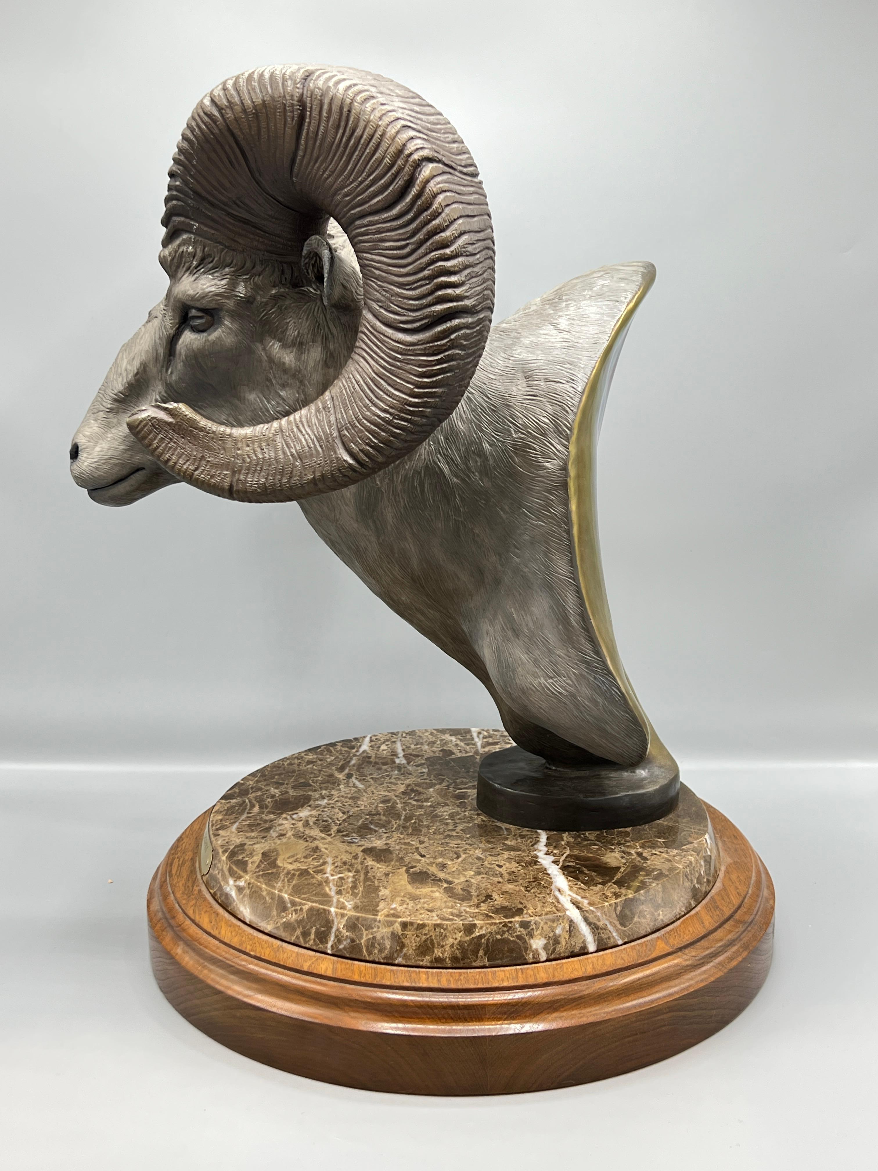 Patinated Big Horn Sheep Ram Bronze Bust Sculpture by Gary Cooley