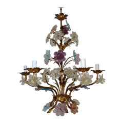 Big Italian Murano Multi-Color Pastel Flowers Gilt Tole Chandelier, circa 1950