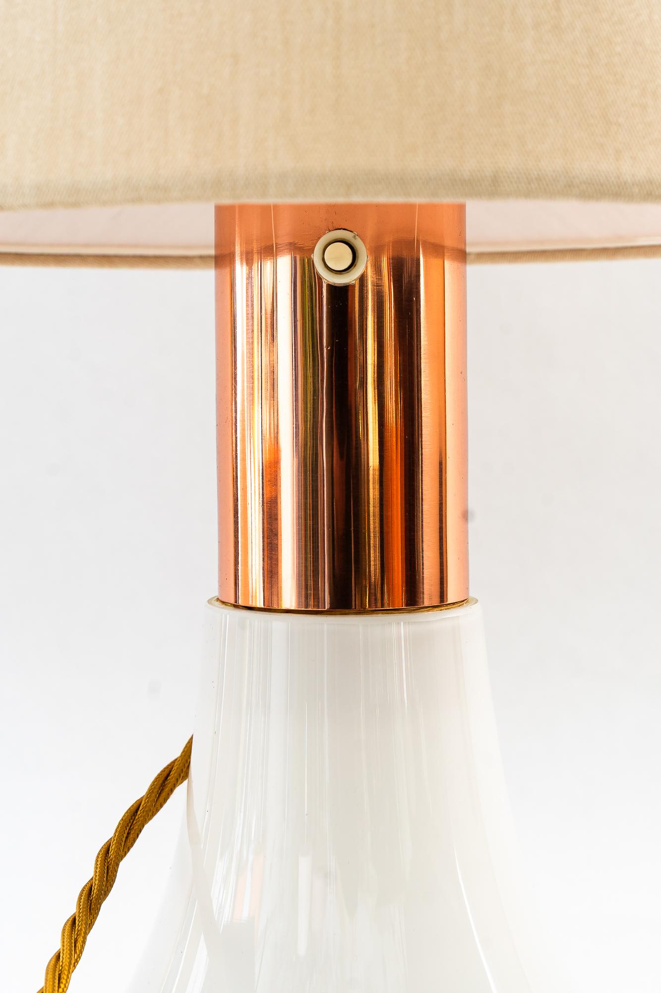 Big Italy Tischlampe aus Glas und Kupfer mit Stoffschirm um 1970 im Angebot 4
