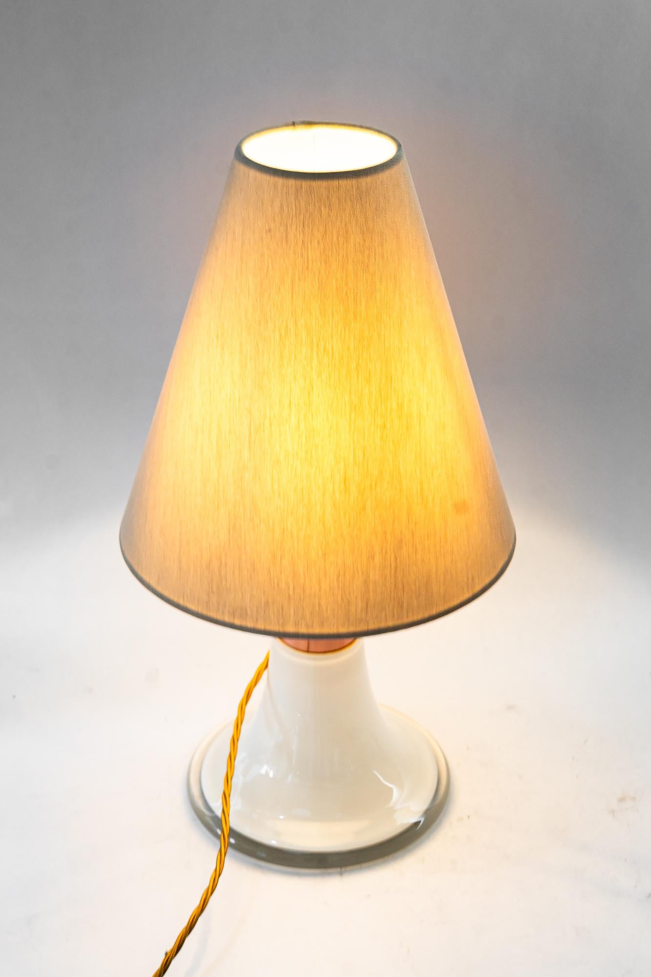 Big Italy Tischlampe aus Glas und Kupfer mit Stoffschirm um 1970 im Angebot 6