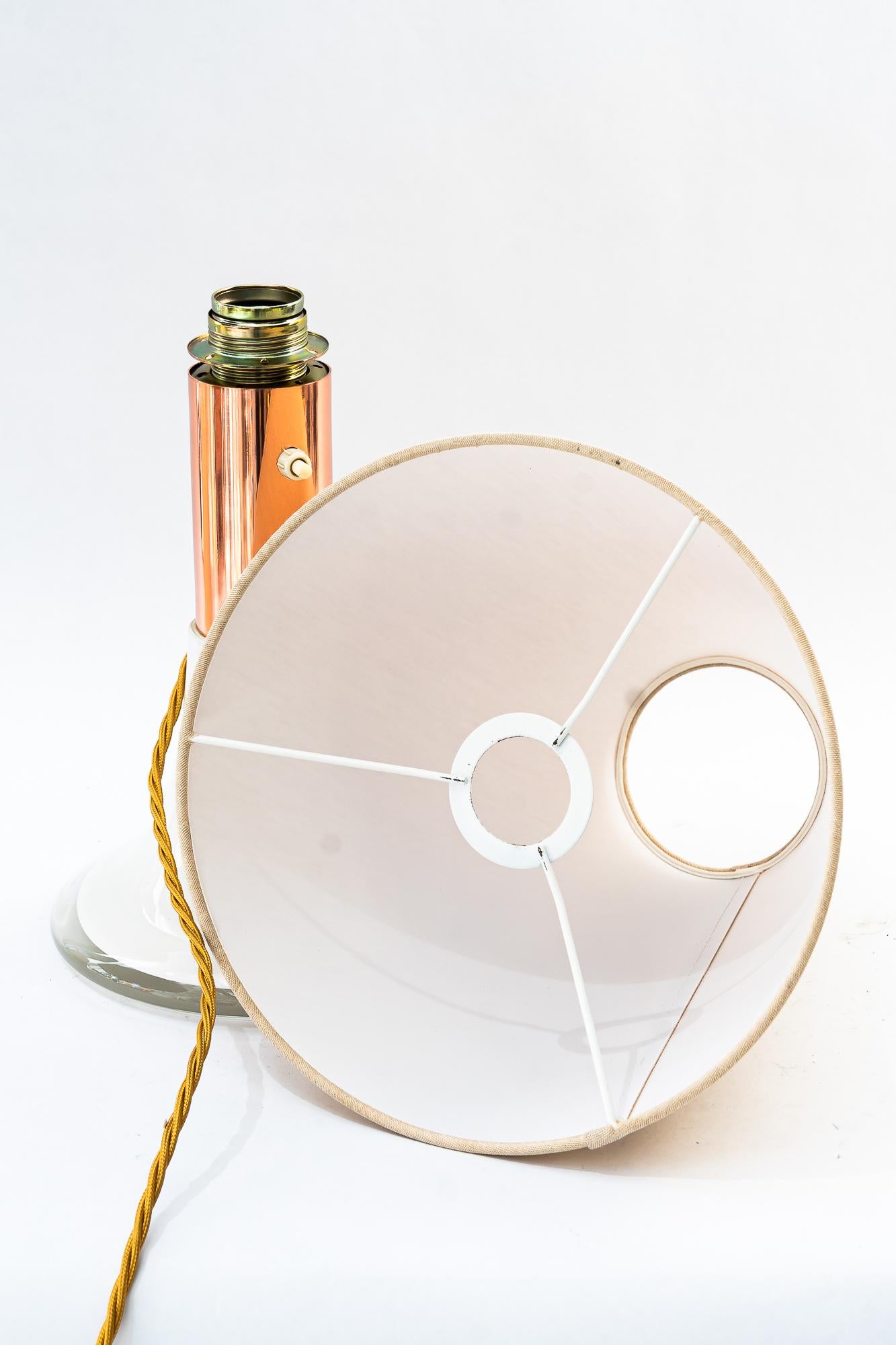 Big Italy Tischlampe aus Glas und Kupfer mit Stoffschirm um 1970 im Angebot 11