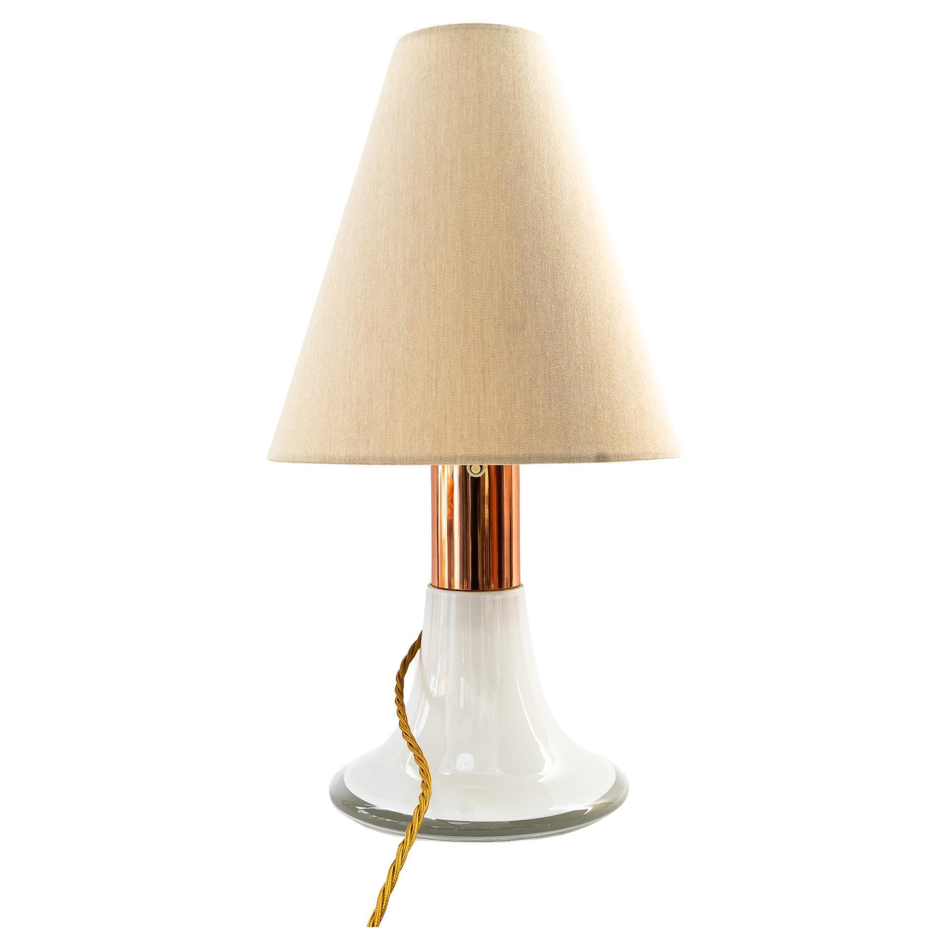 Big Italy Tischlampe aus Glas und Kupfer mit Stoffschirm um 1970
