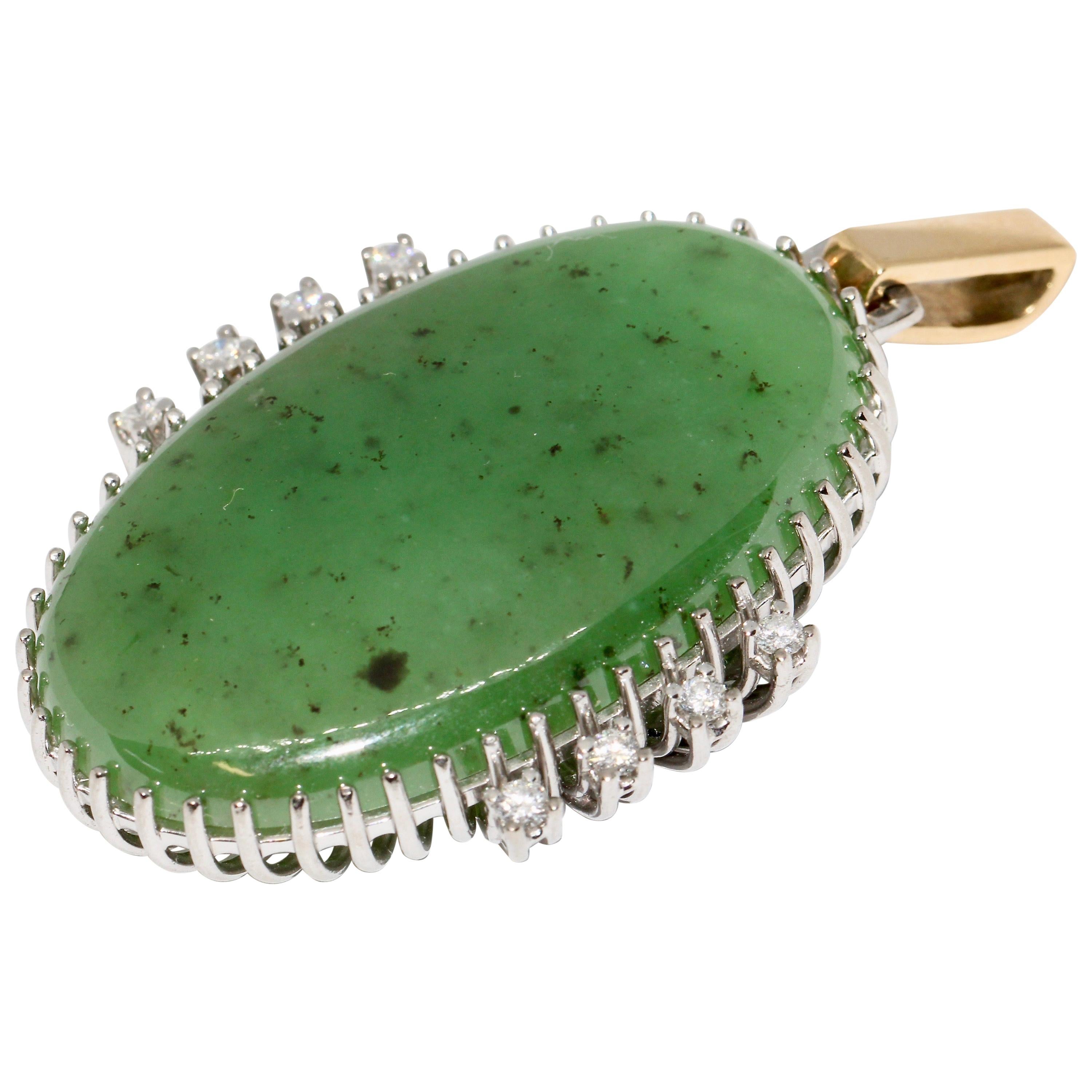 Big Jade Pendant, Enhancer, 18 Karat Gold with Diamonds For Sale