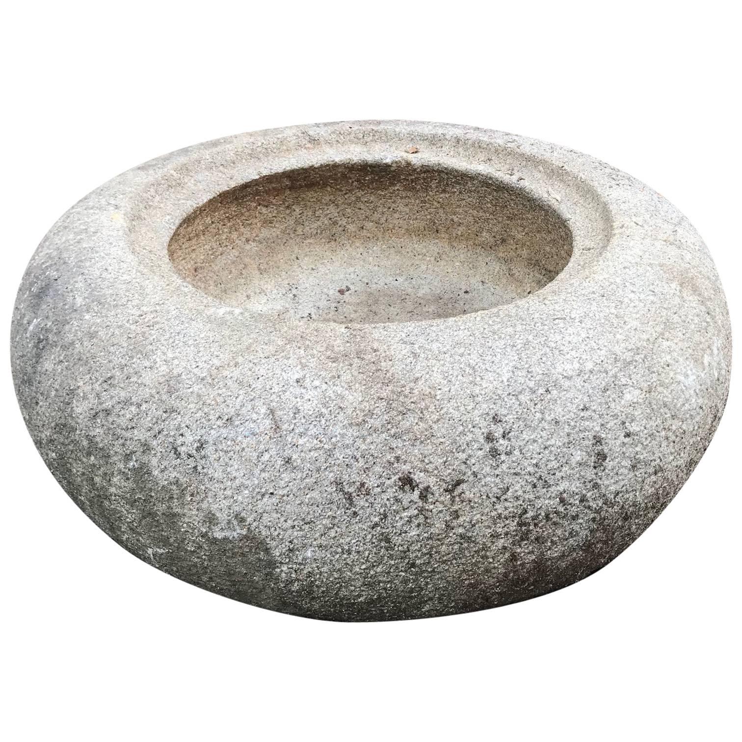 Big Japanese Antique Round Smooth "Donut" Stone Water Basin Planter Tsukubai