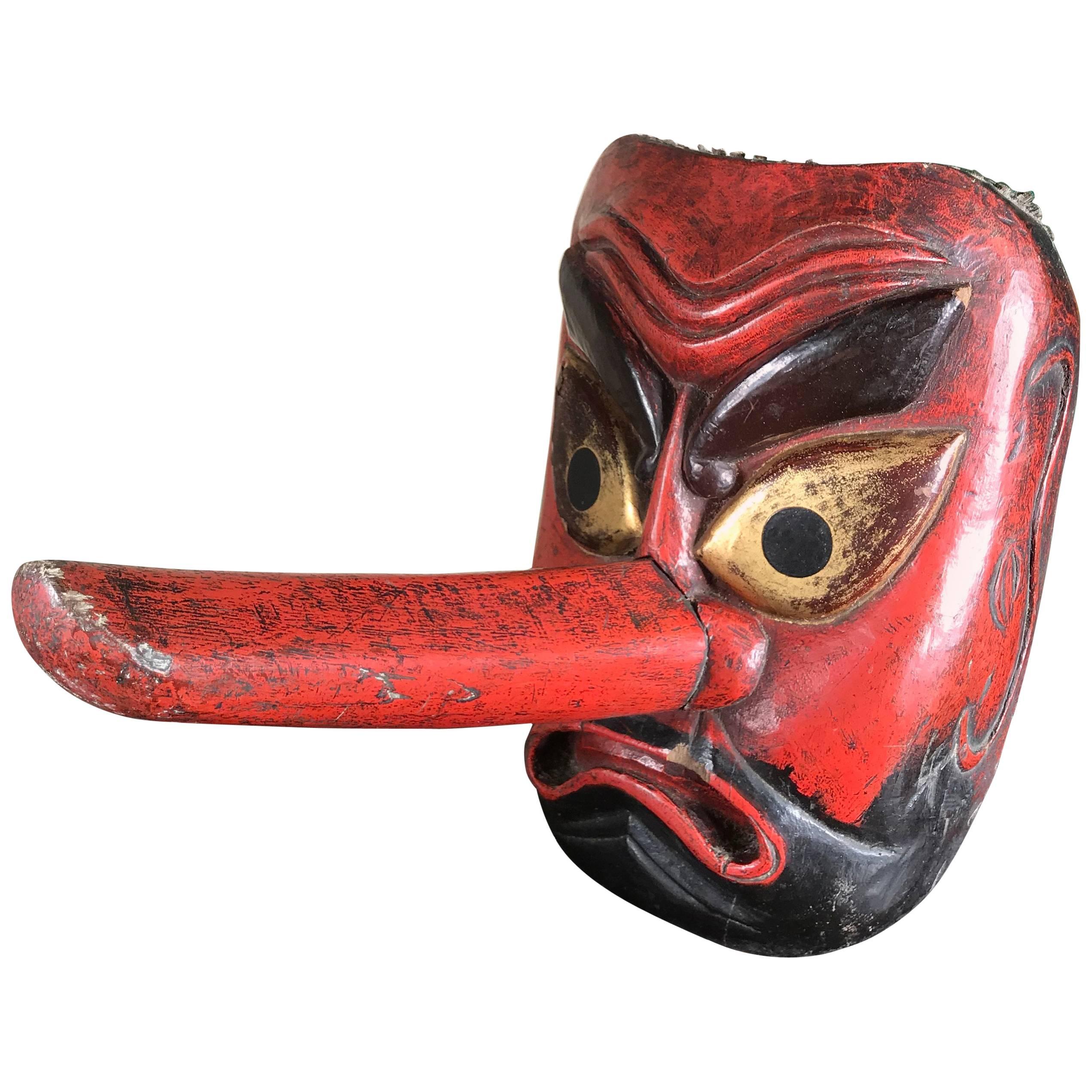 Big Japanese Old Forest God Mask Tengu Dramatic Nose, Signed, 19th Century