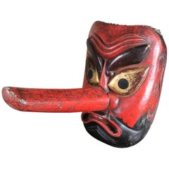 Große japanische alte Waldgott-Maske Tengu Dramatische Nase:: signiert:: 19