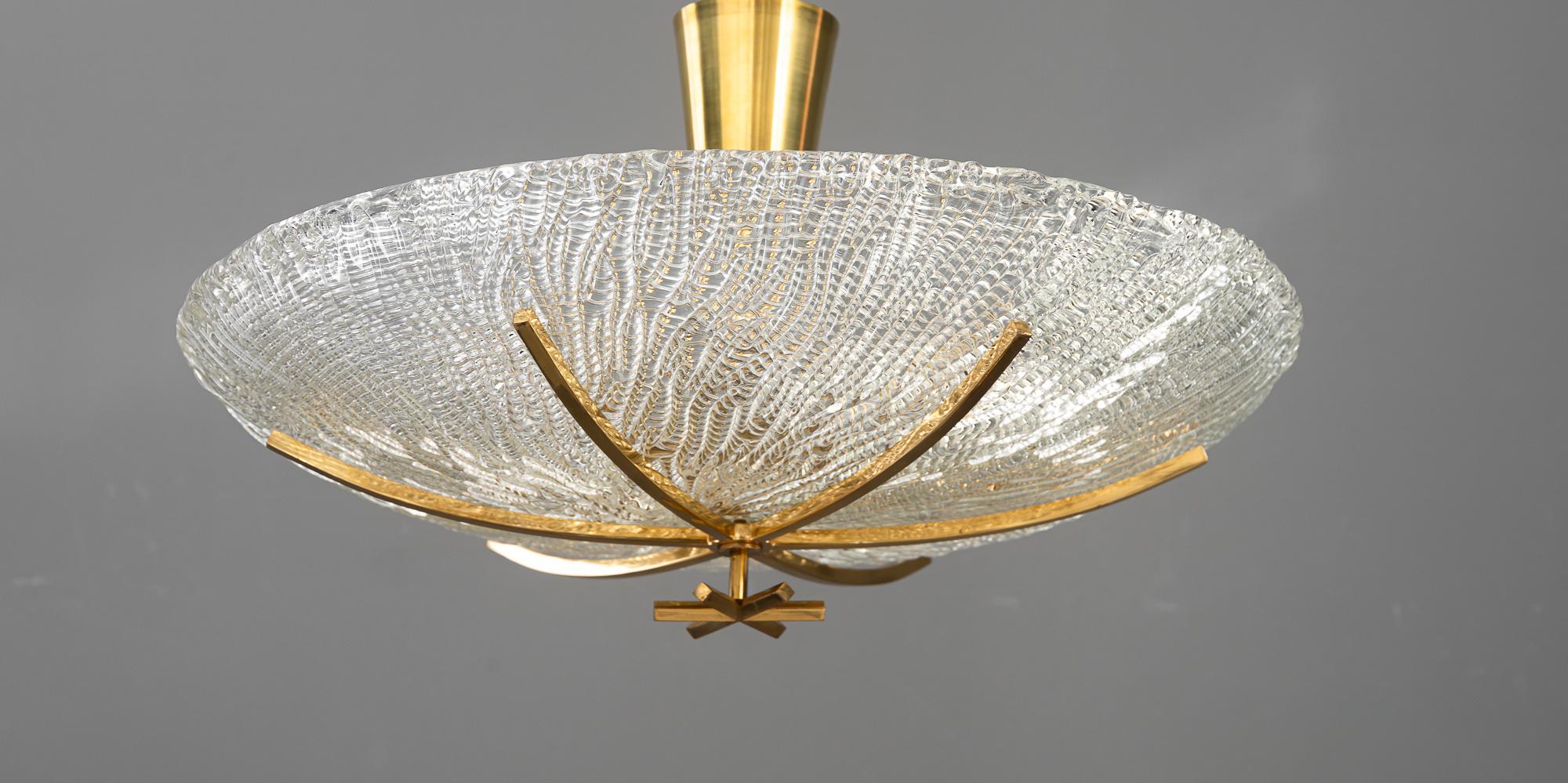 Austrian Big J.T.Kalmar ceiling lamp with structure glass shade vienna around 1950s For Sale