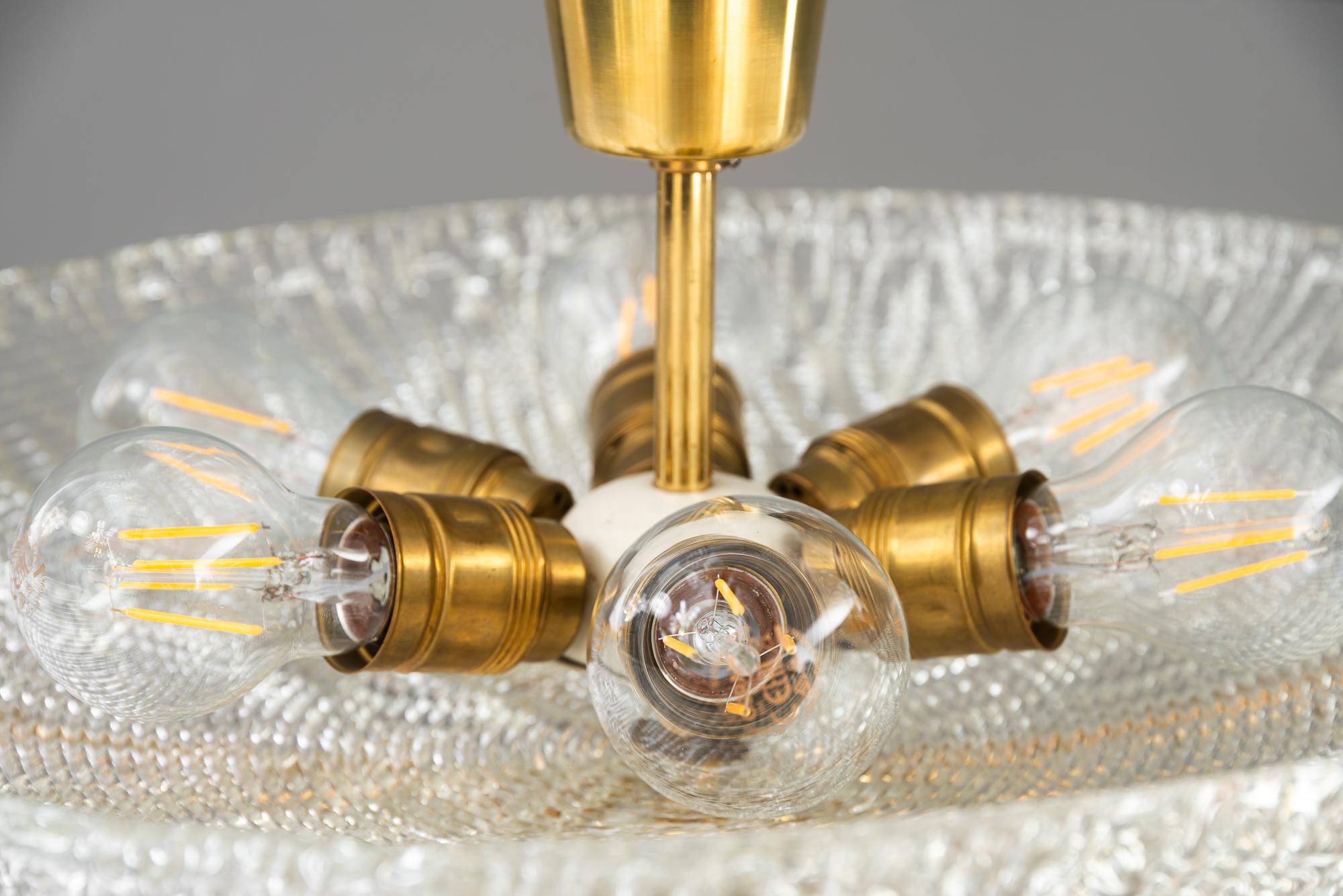 Big J.T.Kalmar ceiling lamp with structure glass shade vienna around 1950s For Sale 1