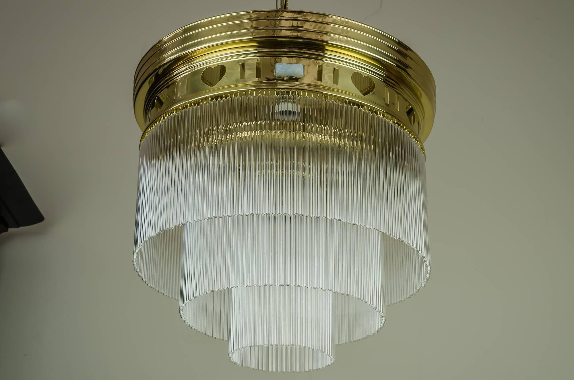 Austrian Big Jugendstil Ceiling Lamp with Glass Sticks and Opaline Glass Stones