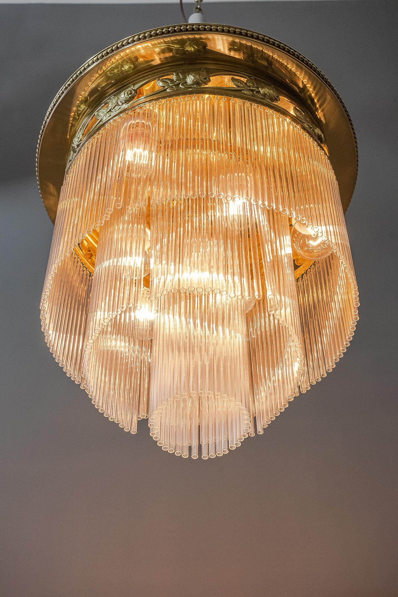 Big Jugendstil Ceiling Lamp with Rose Motif and Glass Sticks, circa 1909 3