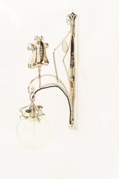 Big Jugendstil nickel wall lamp with opaline glass shade vienna around 1910