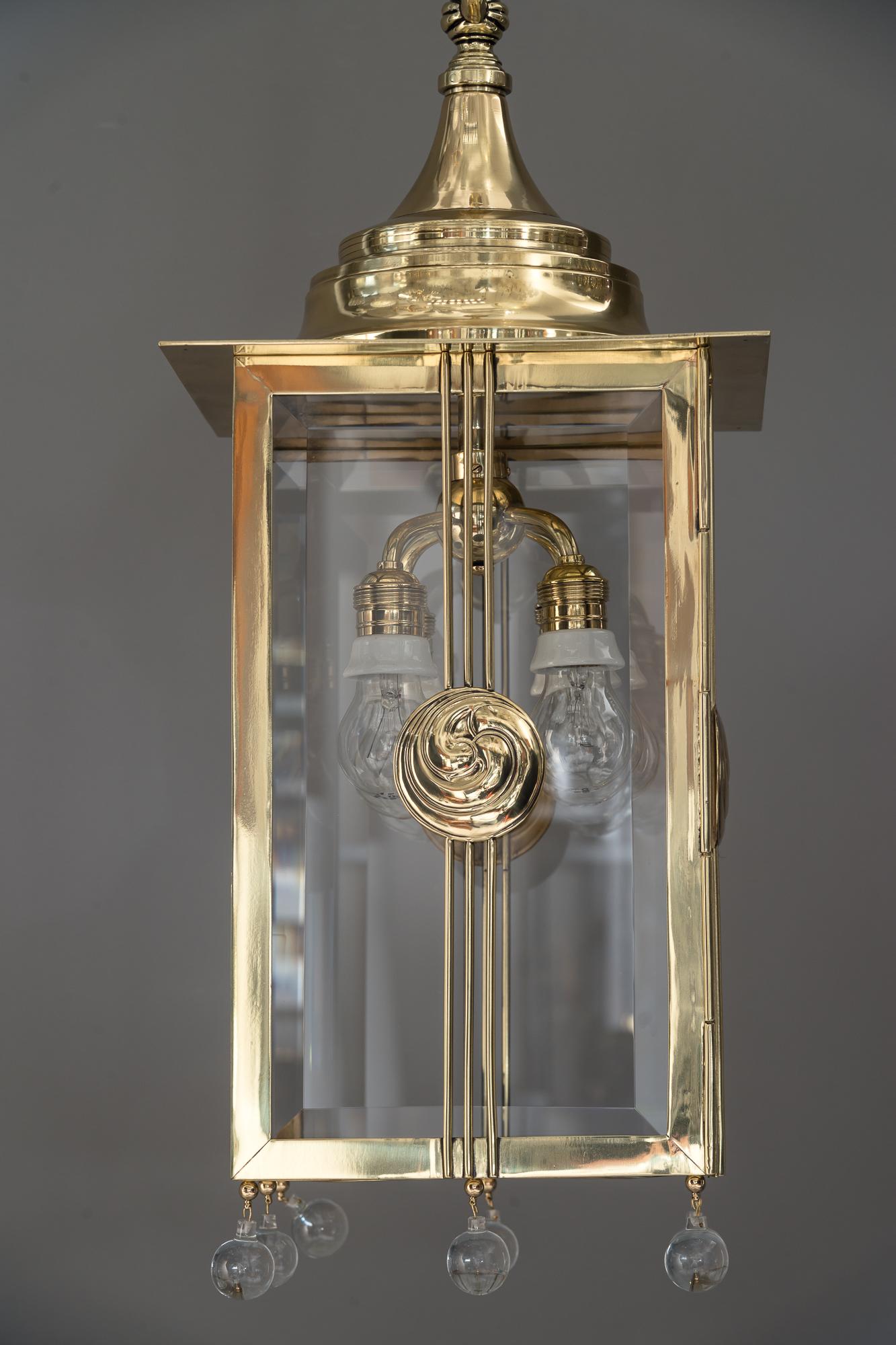 Big Jugendstil pendant with cut glasses, circa 1910s
Polished and stove enameled
The length of the chandelier is easy adjustable for rooms of differing heights.