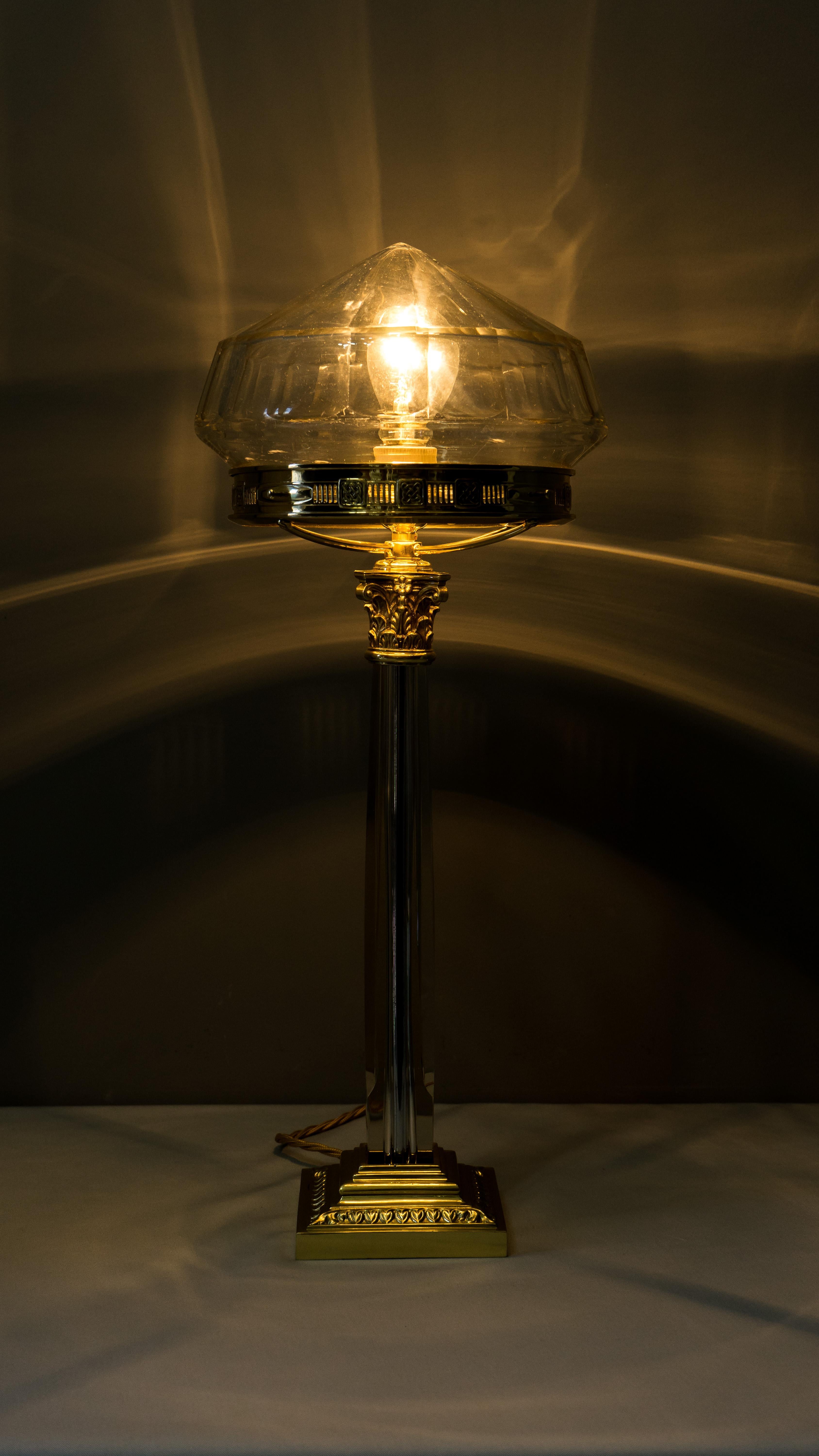 Austrian Big Jugendstil Table Lamp with Cut Glass Shade, Vienna, 1908s For Sale