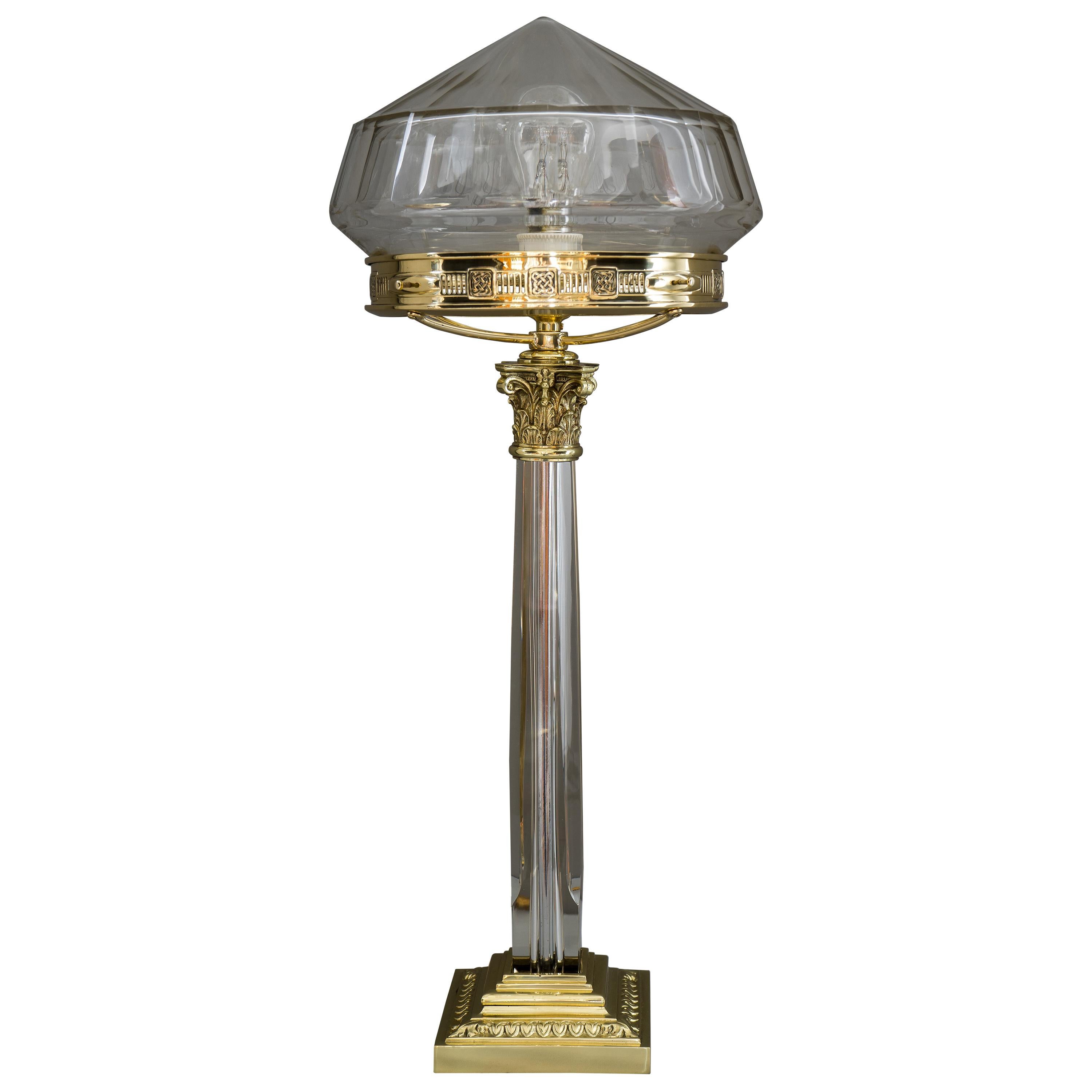 Big Jugendstil Table Lamp with Cut Glass Shade, Vienna, 1908s