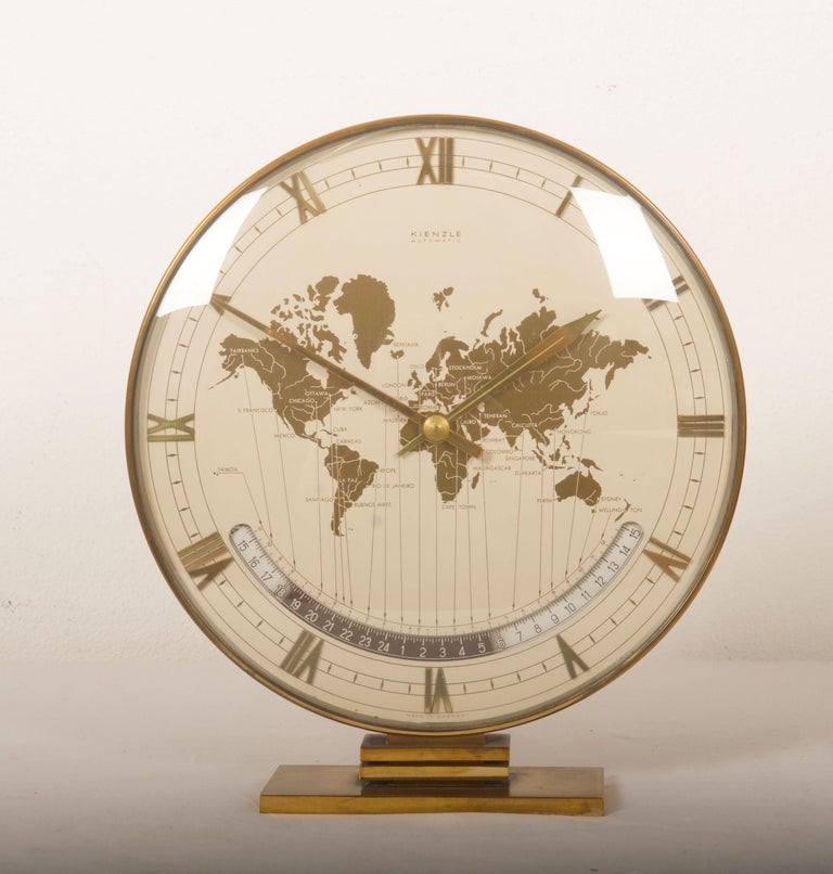 希少美品Kienzle ワールドタイム置時計 ビッグサイズゴールド未使用 Big Kienzle Weltzeituhr Modernist Table World Timer Zone Clock
