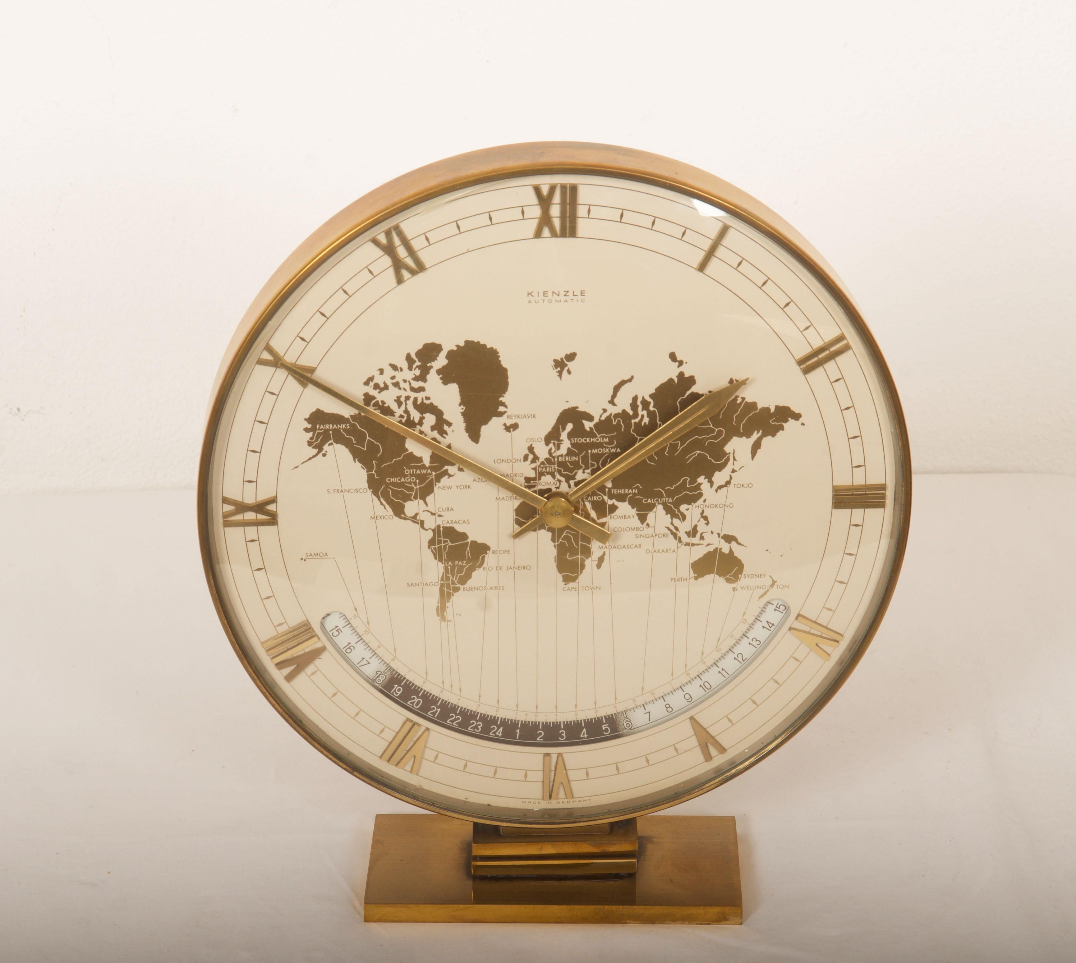 Art Deco Big Kienzle Weltzeituhr Modernist Table World Timer Zone Clock, 1960s For Sale