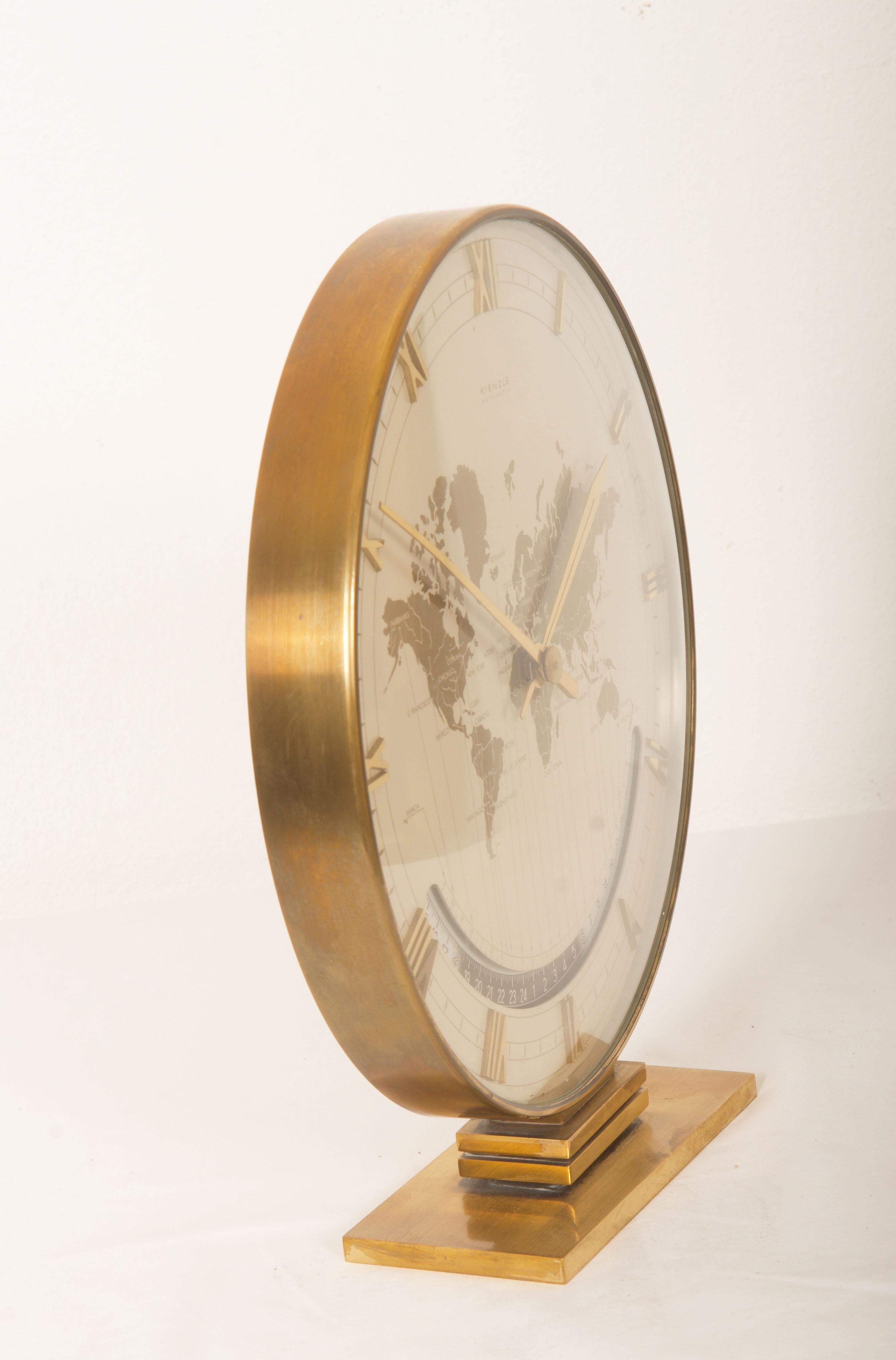 Brass Big Kienzle Weltzeituhr Modernist Table World Timer Zone Clock, 1960s For Sale