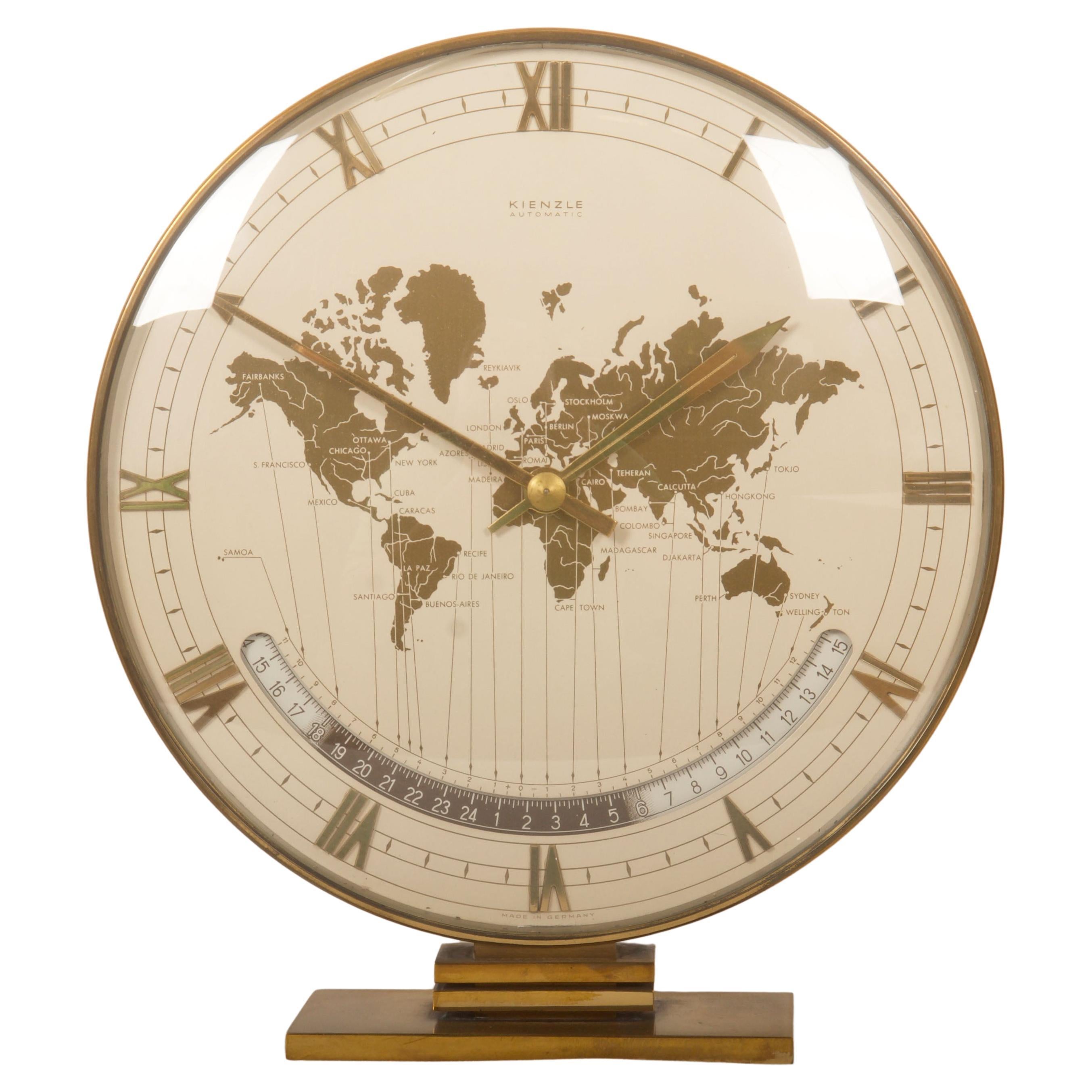 Gran Kienzle Weltzeituhr Reloj de sobremesa modernista de zona con temporizador mundial, años 60