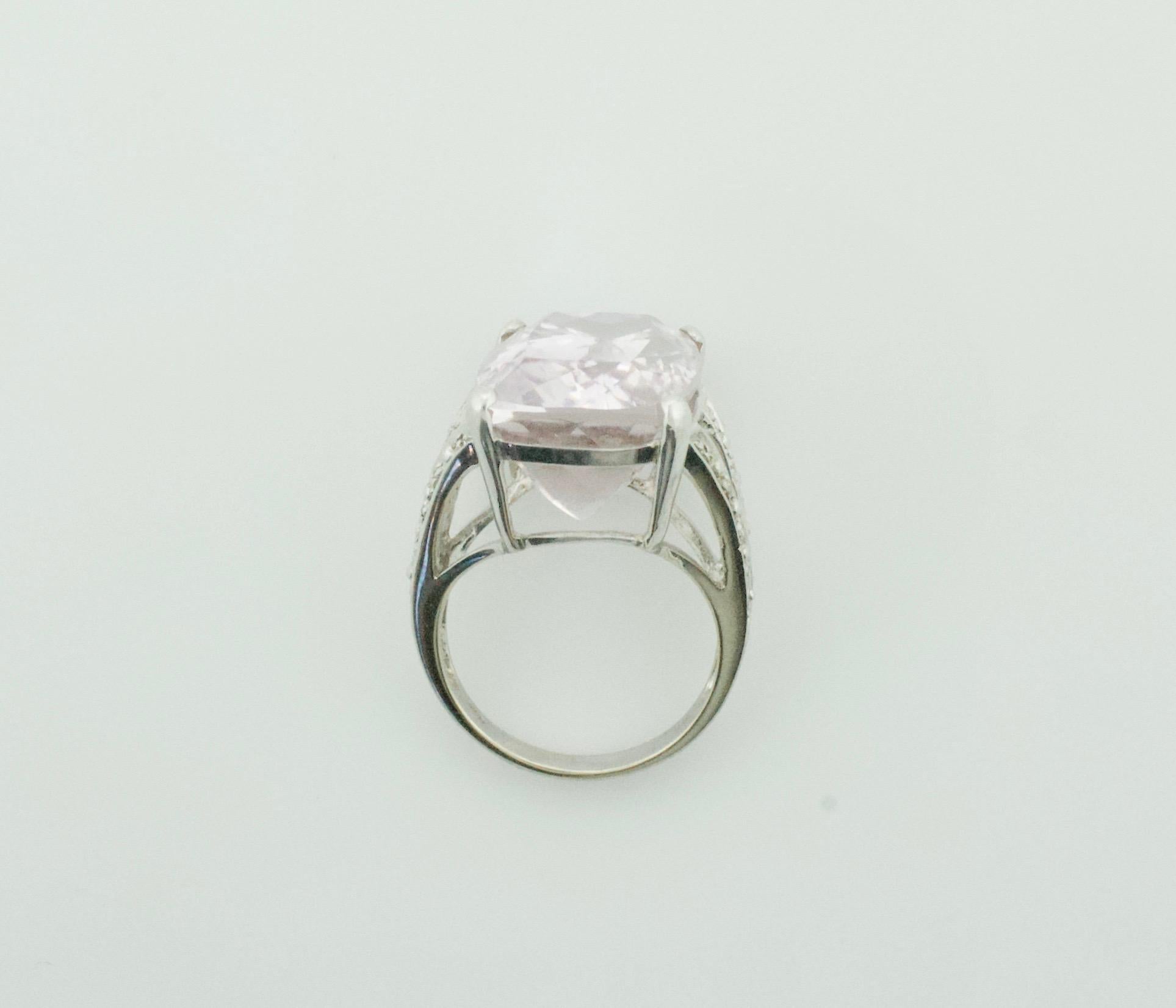 Women's or Men's Big Kunzite and Diamond Ring in White Gold