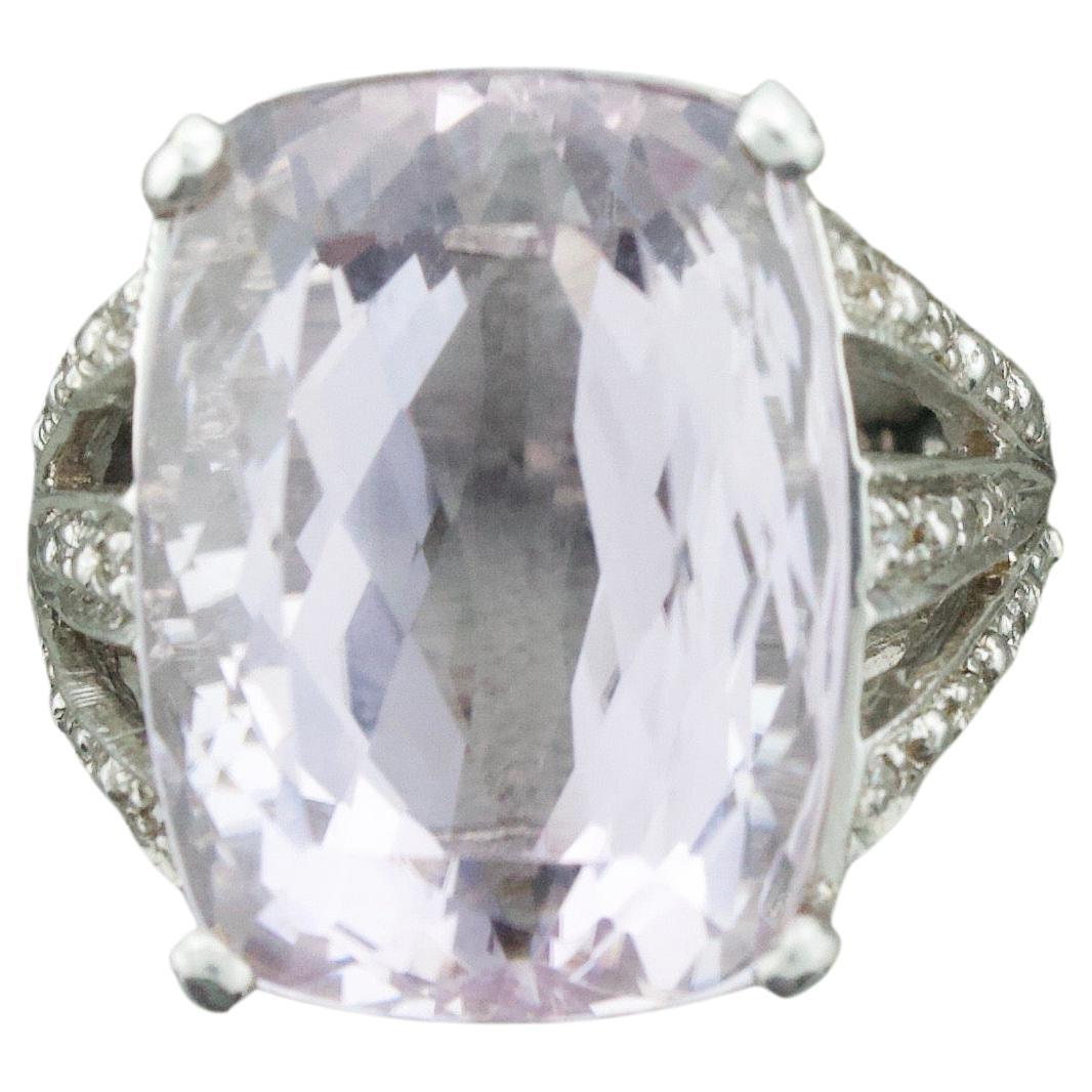 Big Kunzite and Diamond Ring in White Gold