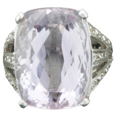 Retro Big Kunzite and Diamond Ring in White Gold