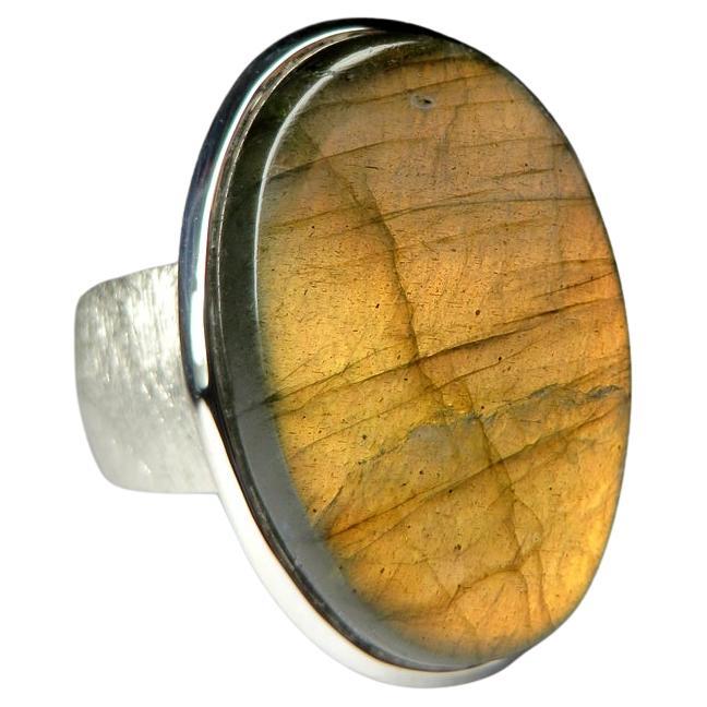 Big Labradorite Silver Ring Oval Yellow Moonstone Green Gemstone vintage style