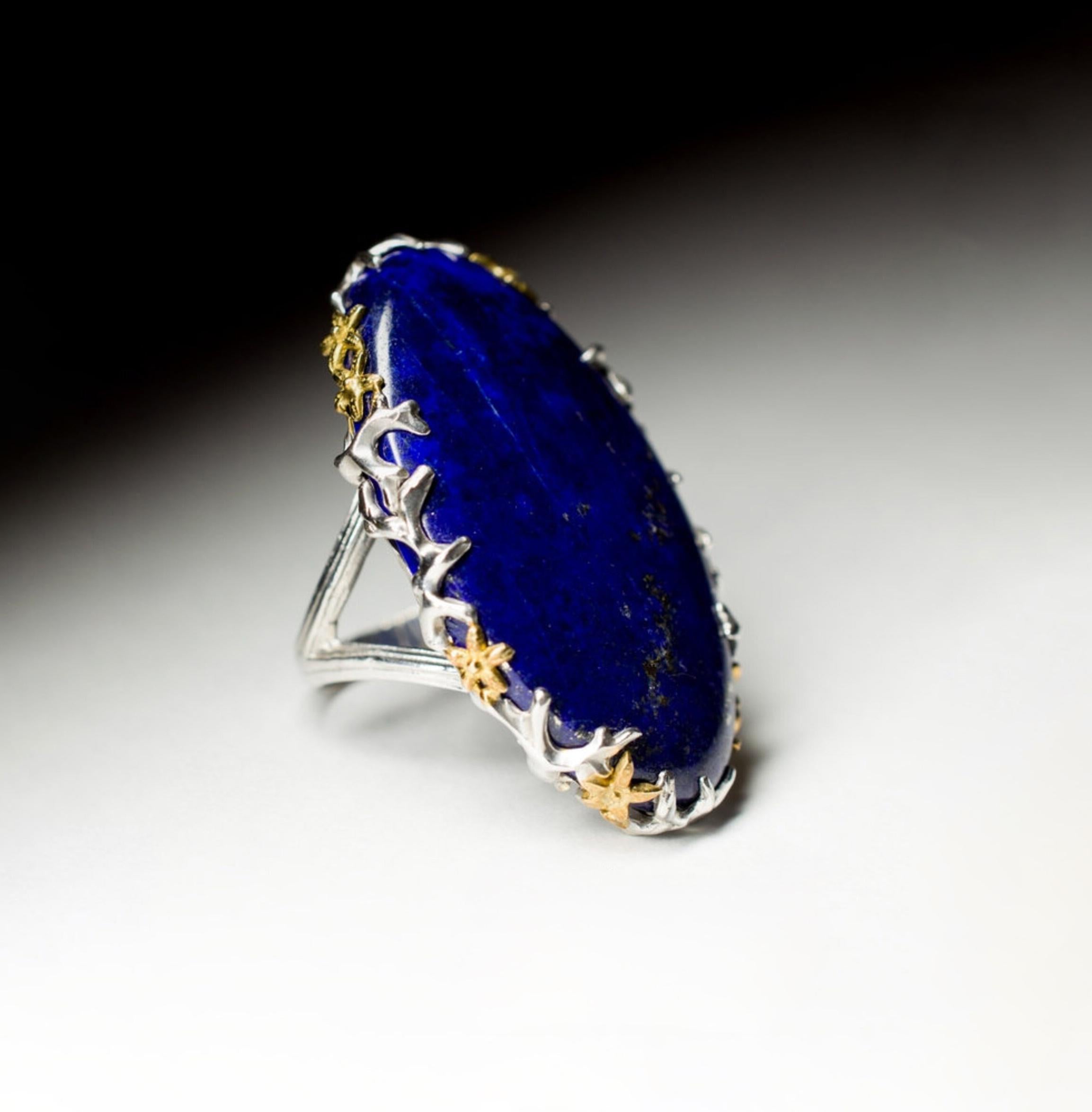 Artisan Big Lapis Lazuli Silver Ring Natural Blue Gemstone Fine Unisex Jewelry LOTR For Sale