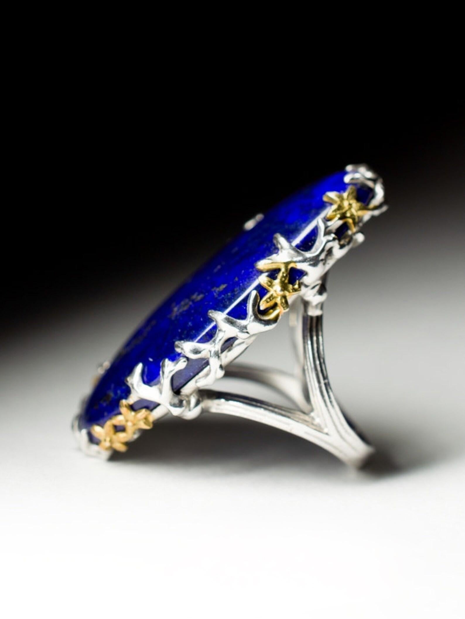 Big Lapis Lazuli Silver Ring Natural Blue Gemstone Fine Unisex Jewelry LOTR In New Condition For Sale In Berlin, DE