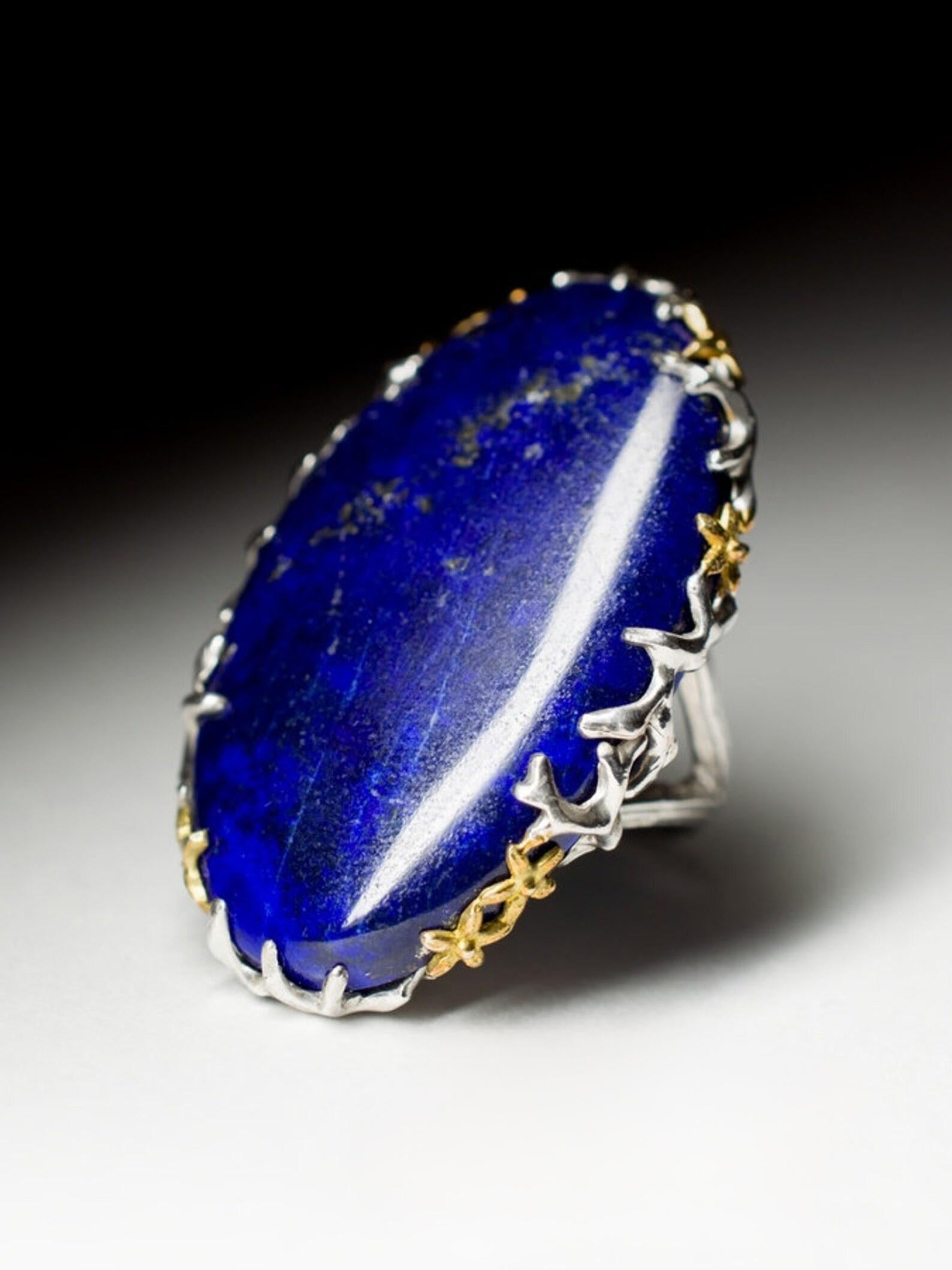 Big Lapis Lazuli Silver Ring Natural Blue Gemstone Fine Unisex Jewelry LOTR For Sale 3